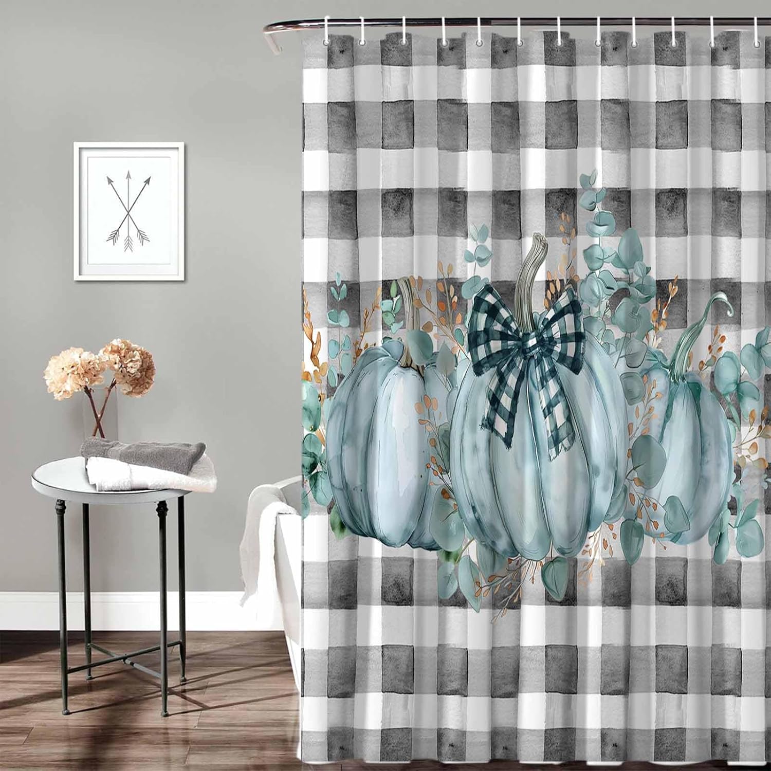 Funnywall88 72 Inches Green Bow Pumpkin Plaid Shower Curtain Set with 12 Hooks