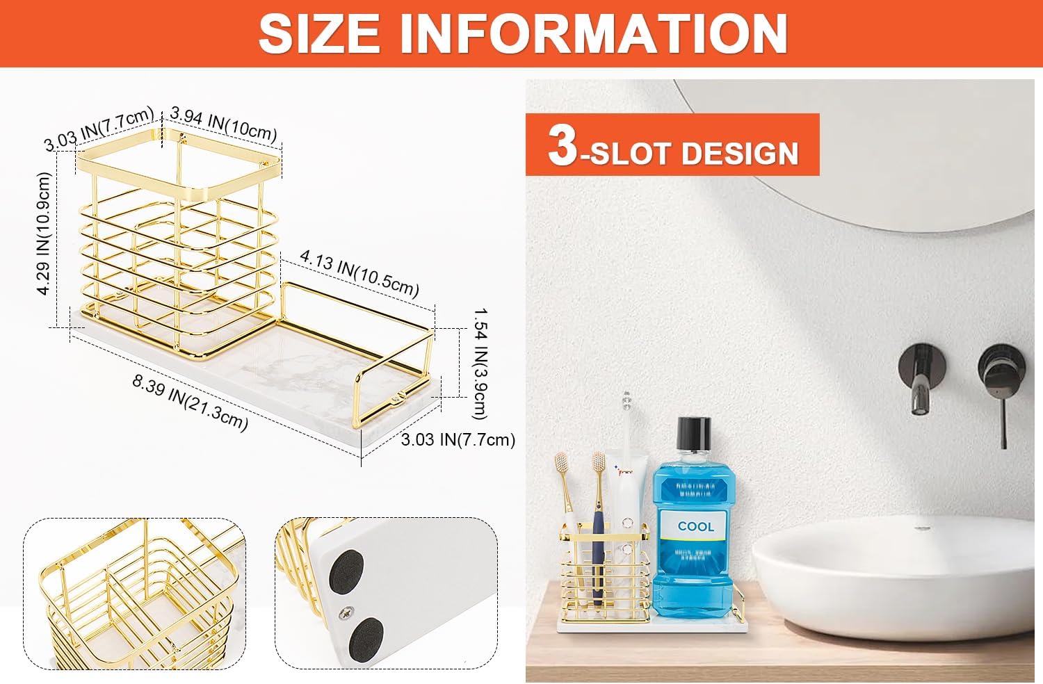 HarJue Gold Marble Toothbrush Holder with 2 Slots