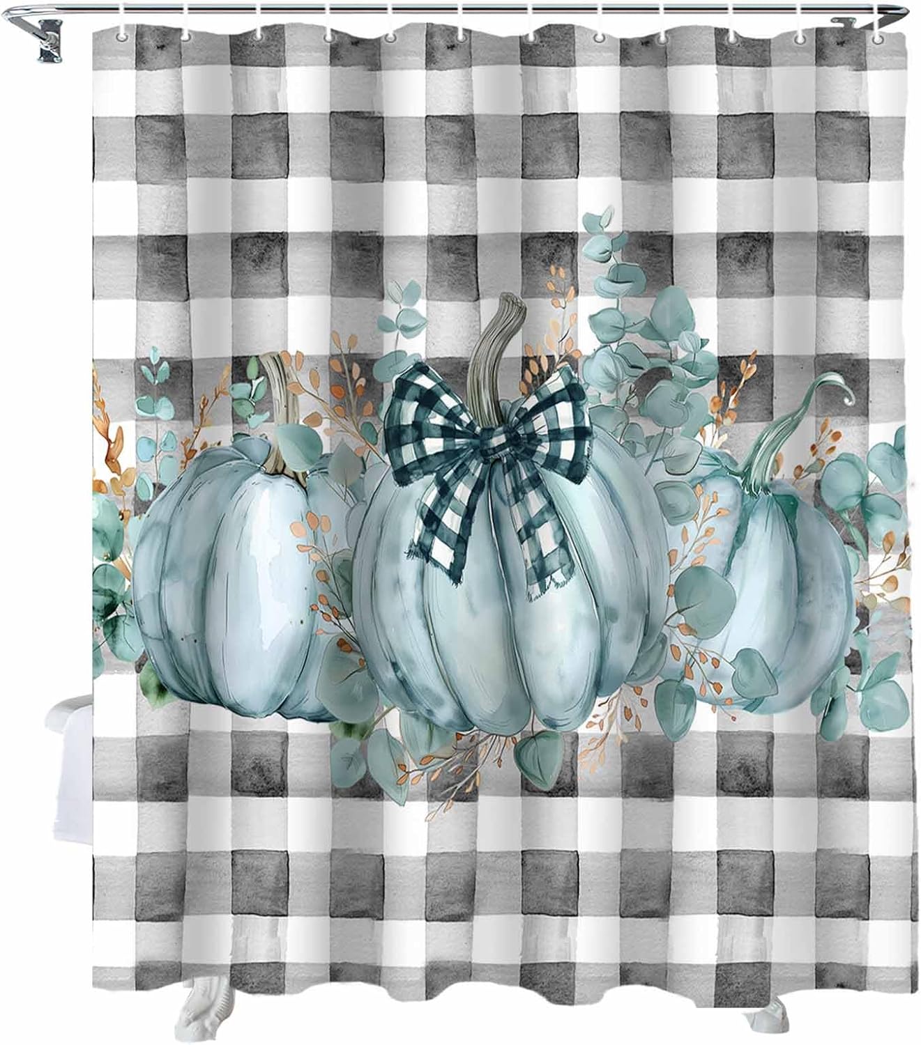 Funnywall88 72 Inches Green Bow Pumpkin Plaid Shower Curtain Set with 12 Hooks