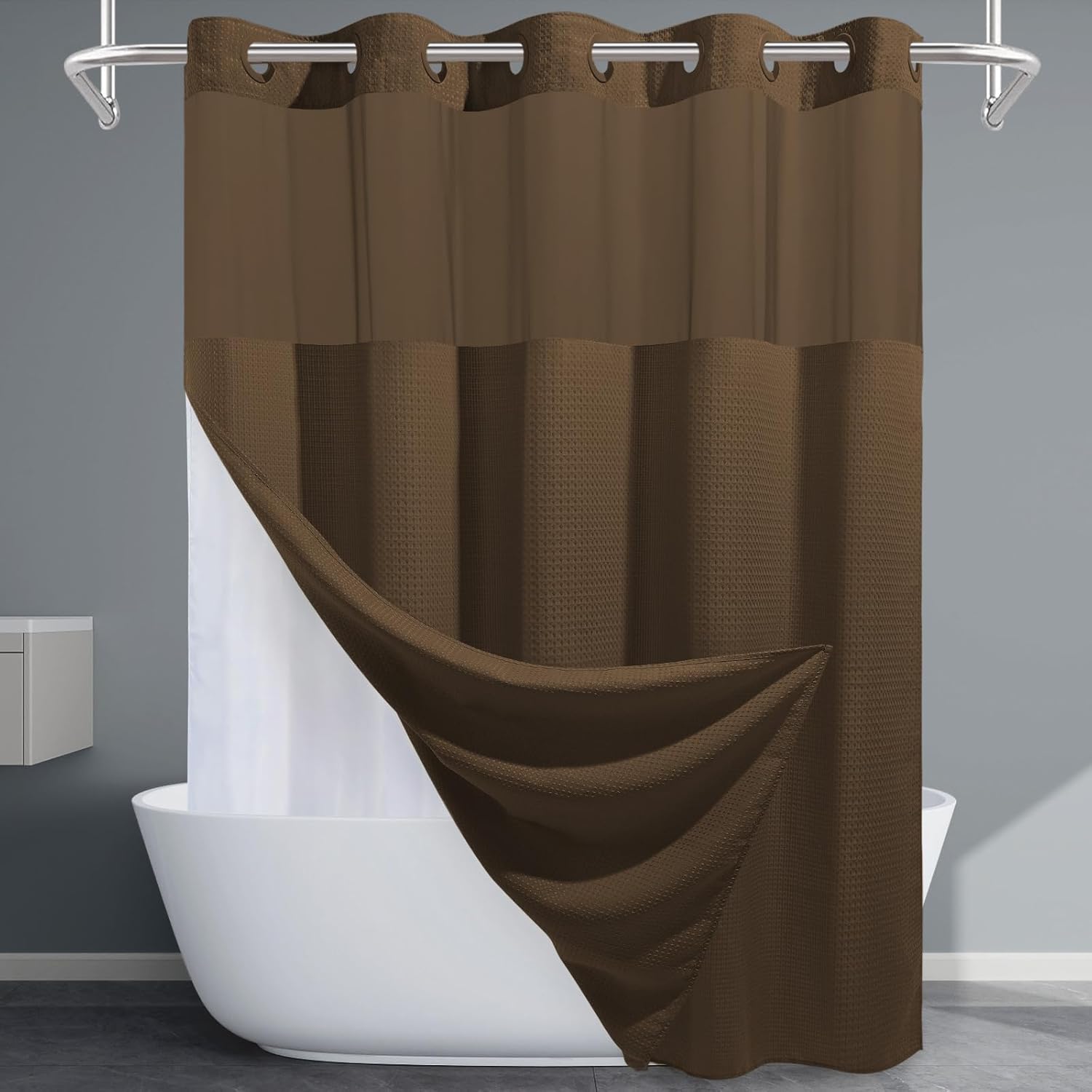 EUTXL Brown Waffle Shower Curtain with Snap Liner