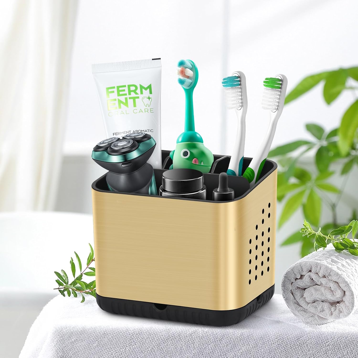 PARKMANI Brushed Gold Toothbrush Holder with Drainage and Ventilation