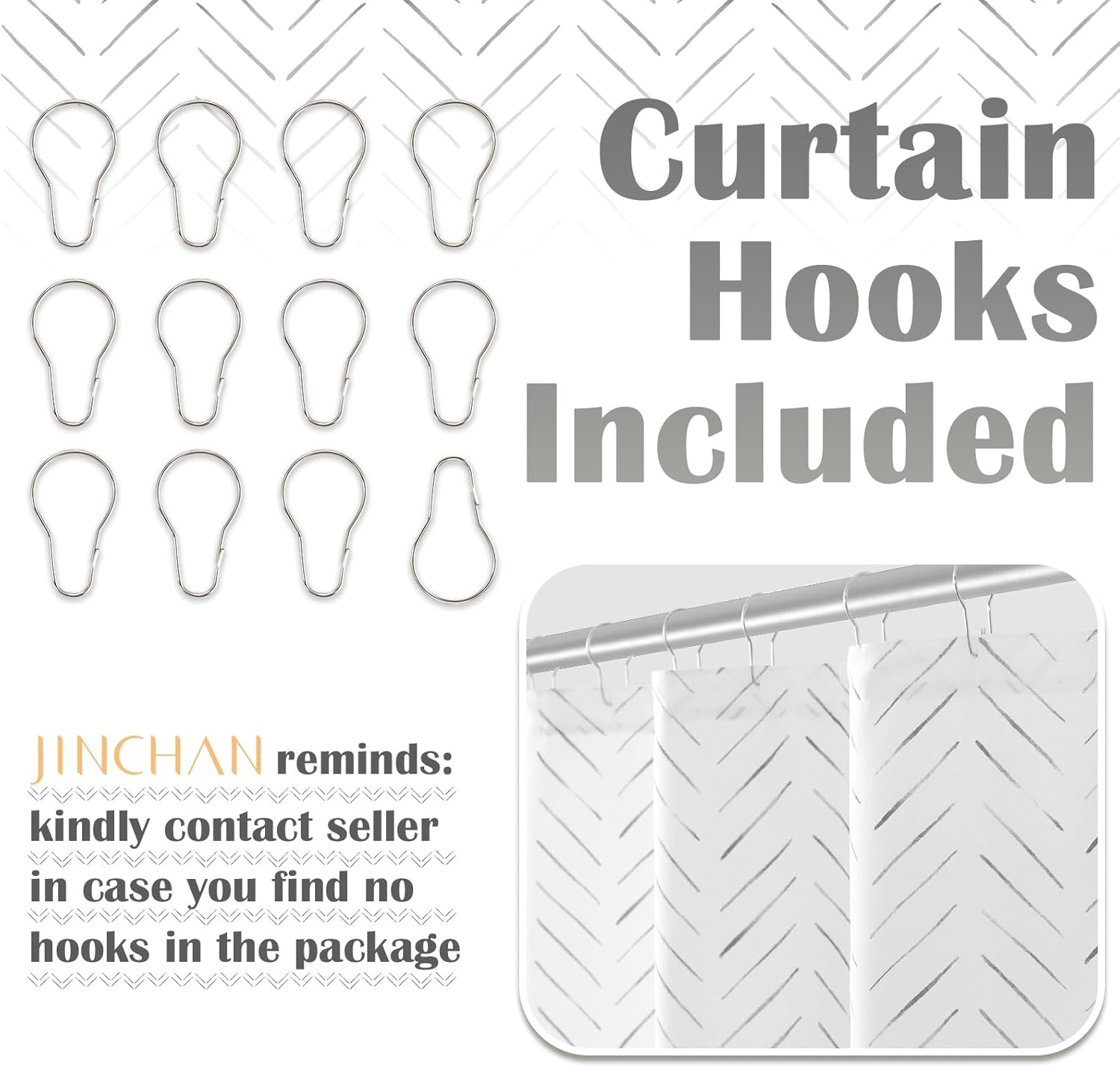 Jinchan Extra Long Grey White Shower Curtain with 12 Hooks 70x84 Inches