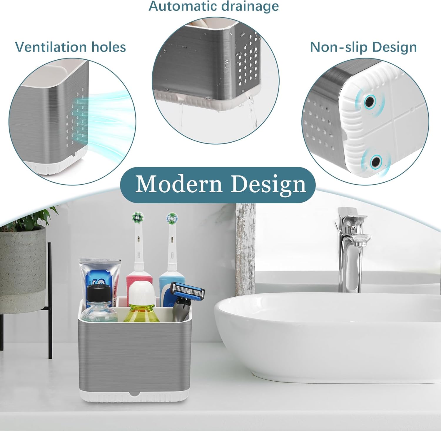 Brushed Nickel Toothbrush Holder for Bathroom Multifunctional Organizer Non-Slip Drainage