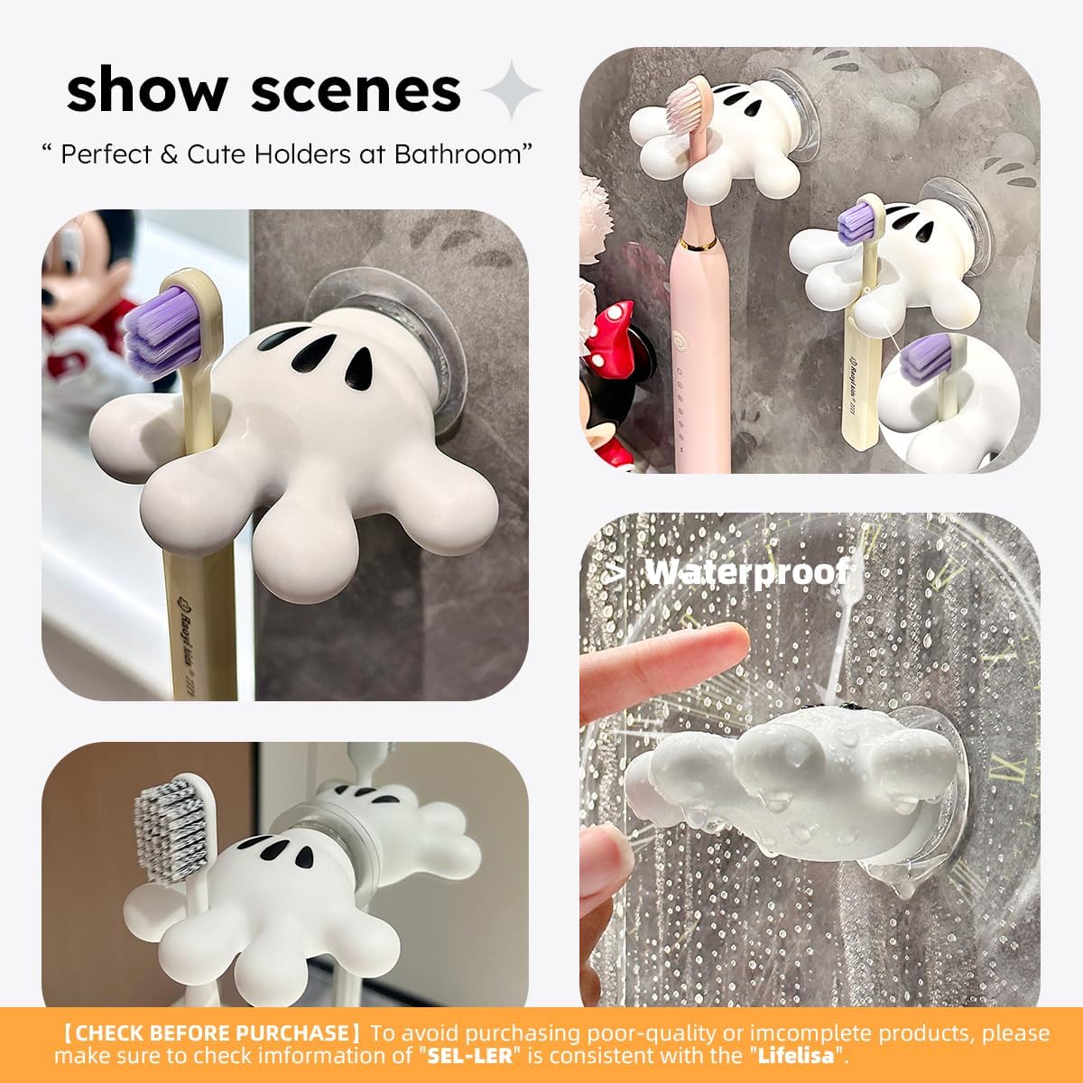 Cute Hanging Toothbrush Holder with Suction Hooks and Sticky Pads