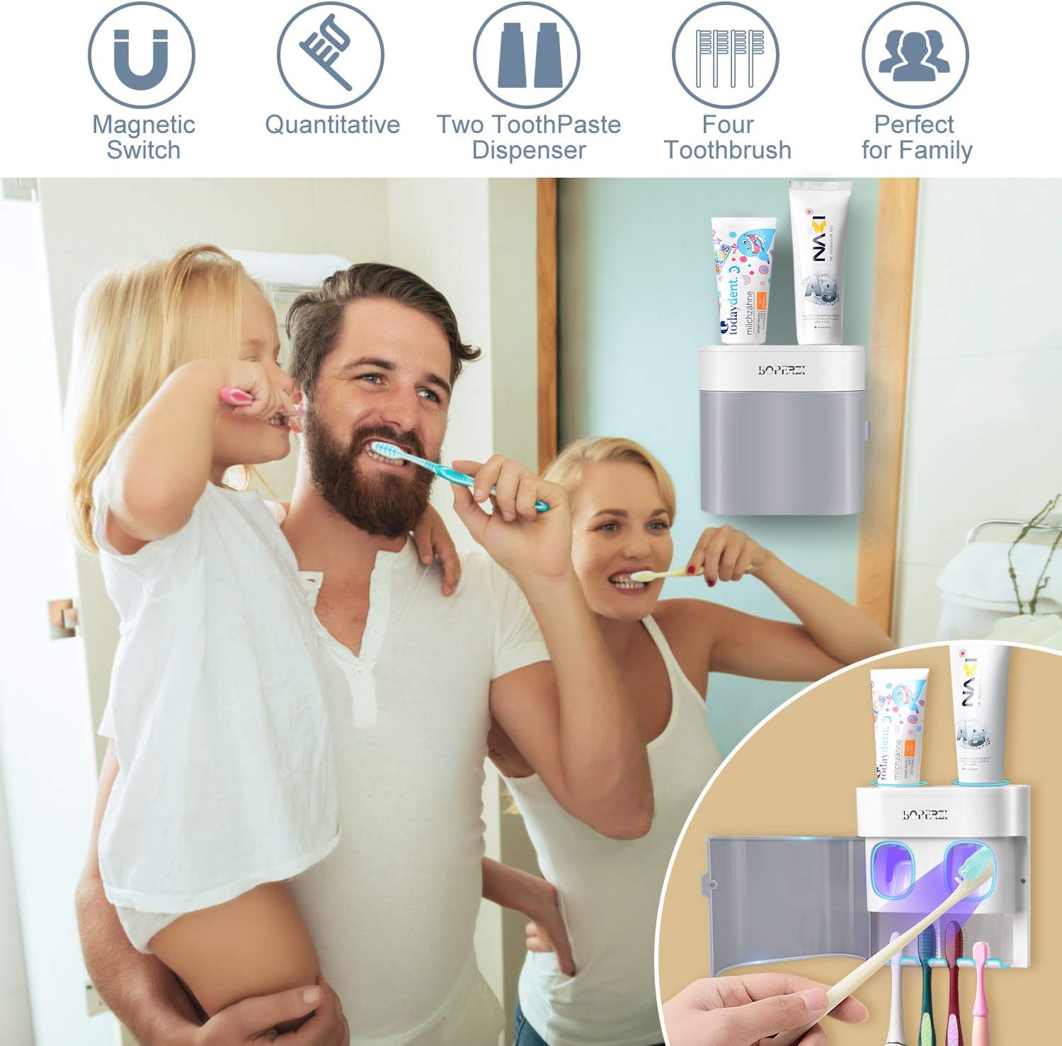 Boperzi Toothbrush Holder with 2 Toothpaste Dispensers and Dustproof Cover
