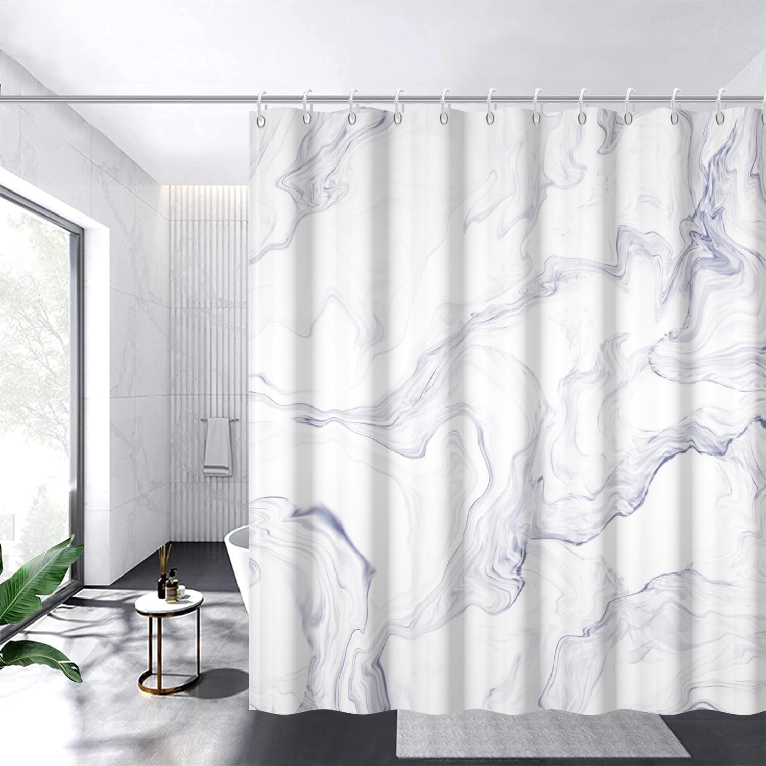 White Marble Shower Curtain Set with Hooks 72x72 Inch