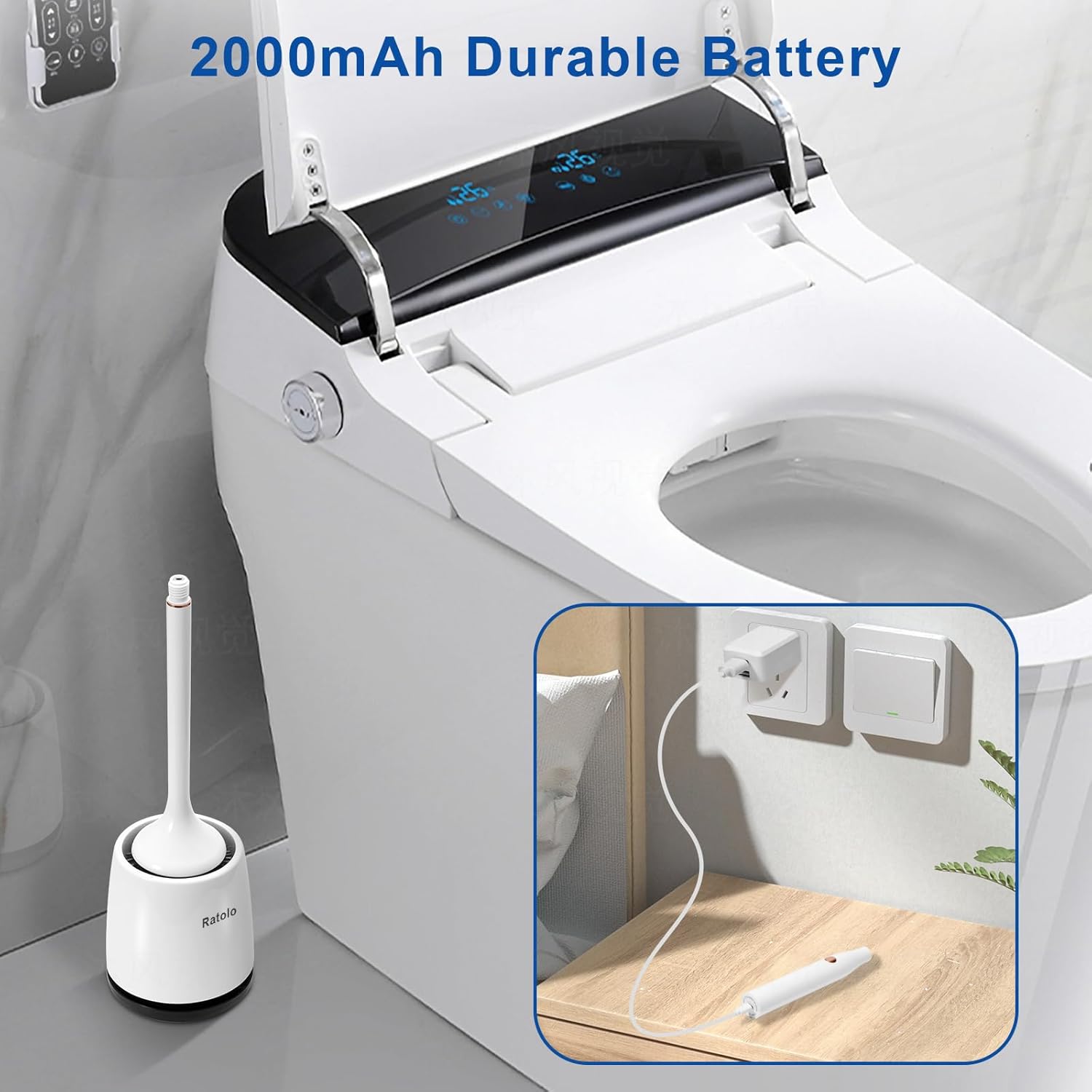 Electric Toilet Brush with Rechargeable Battery and Ventilated Holder