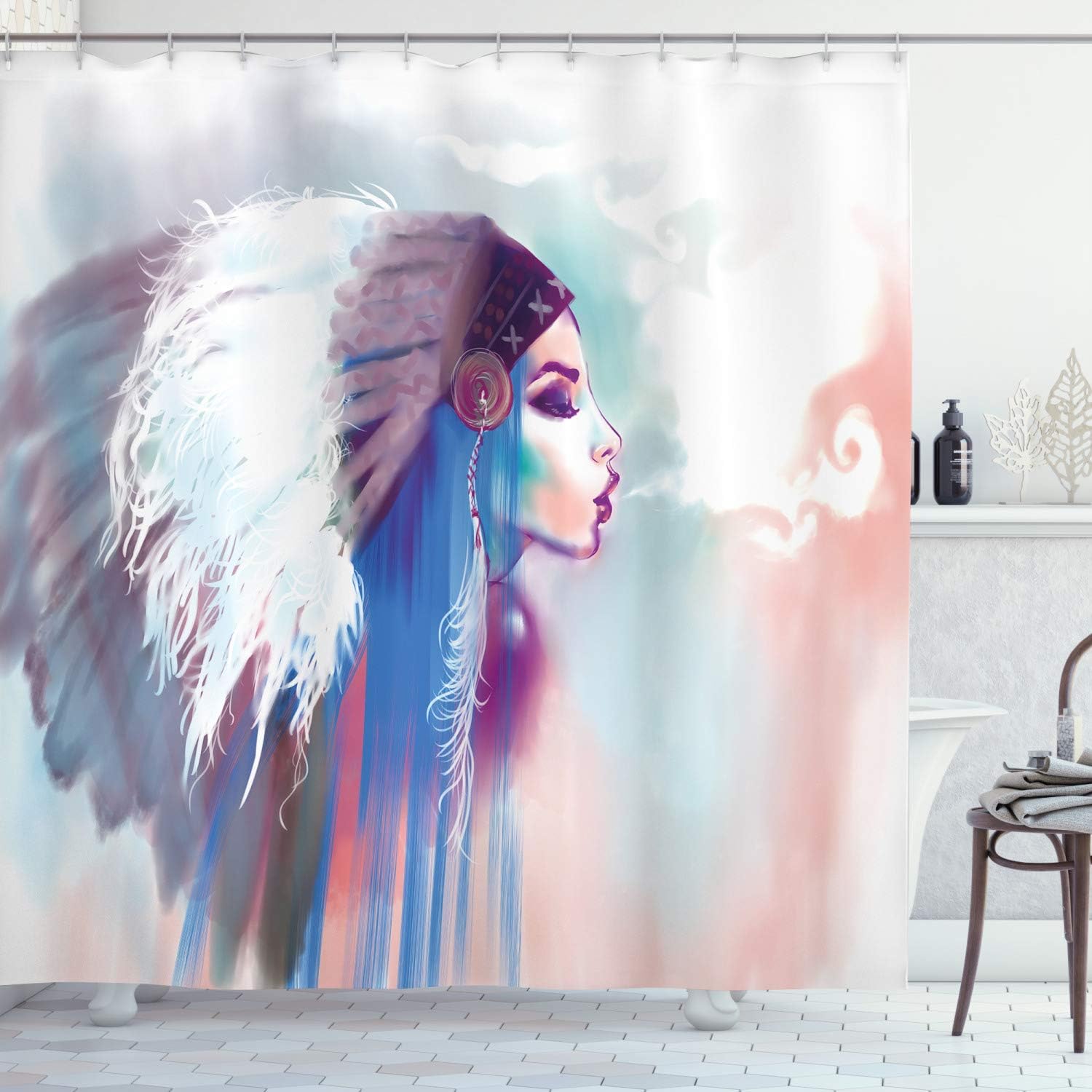Ambesonne Tribal Shower Curtain Set with Hooks 69x84 Blue Mauve Salmon