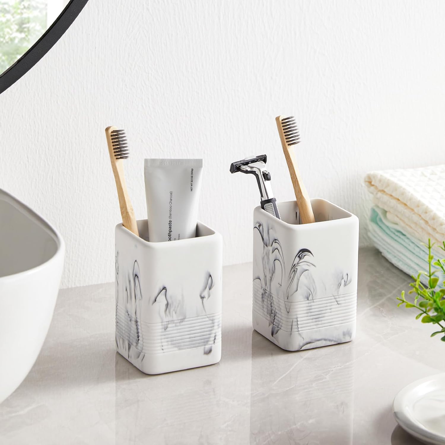 2PCS Resin Toothbrush Holder Set with Marble Design