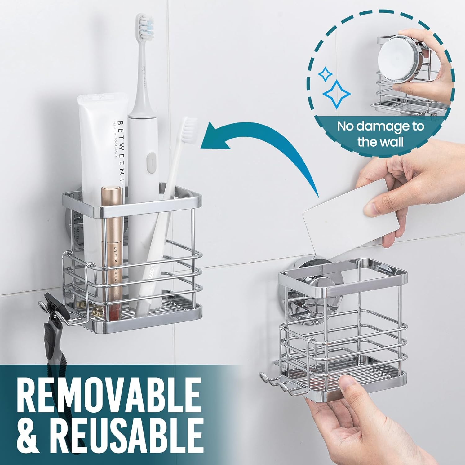 TAILI Suction Cup Toothbrush Holder No Drilling Stainless Steel Waterproof Removable Silver