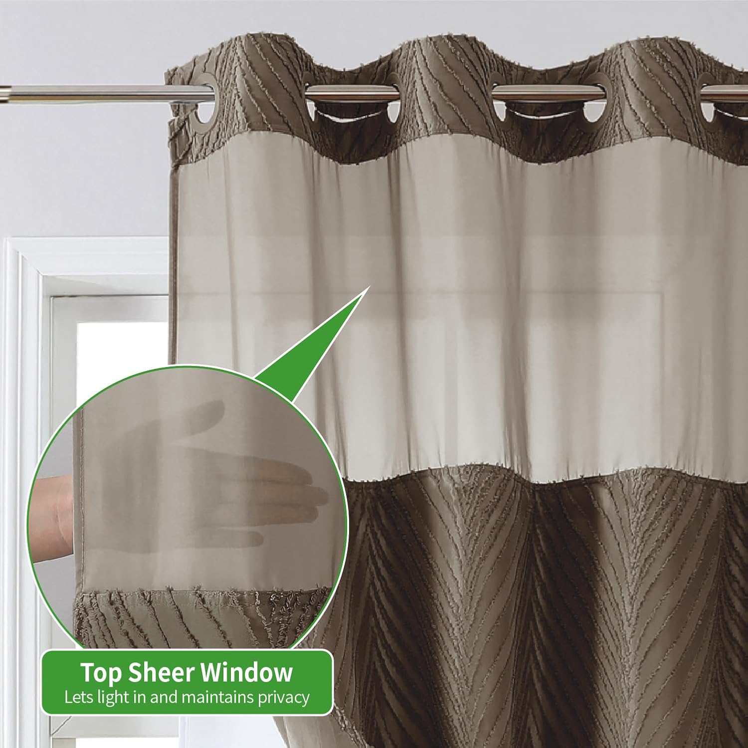 Eachope No Hook Boho Shower Curtain Set with Brown Tufted Stripes