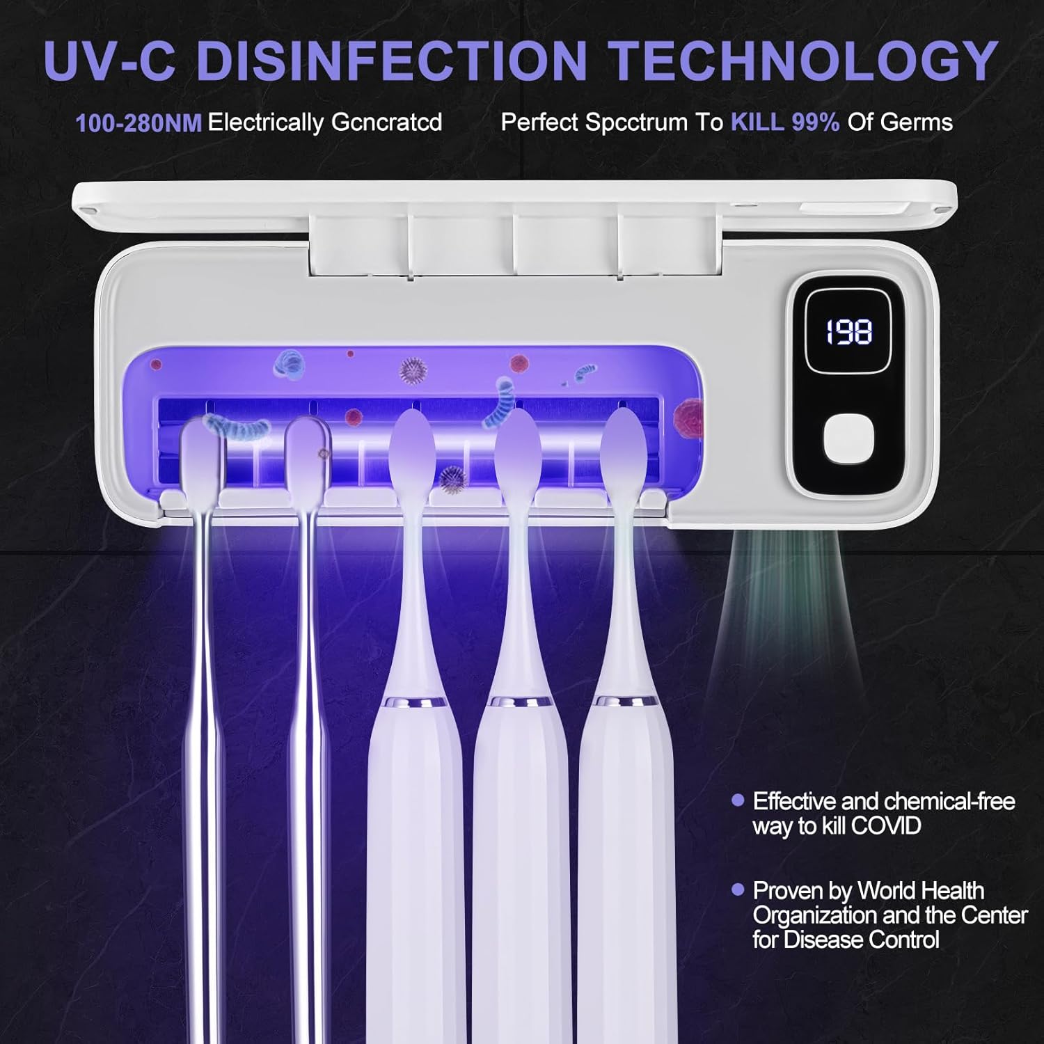 ECTEST Wall Mounted Toothbrush Holder with UV Light 5 Slots Rechargeable Sanitizing Case