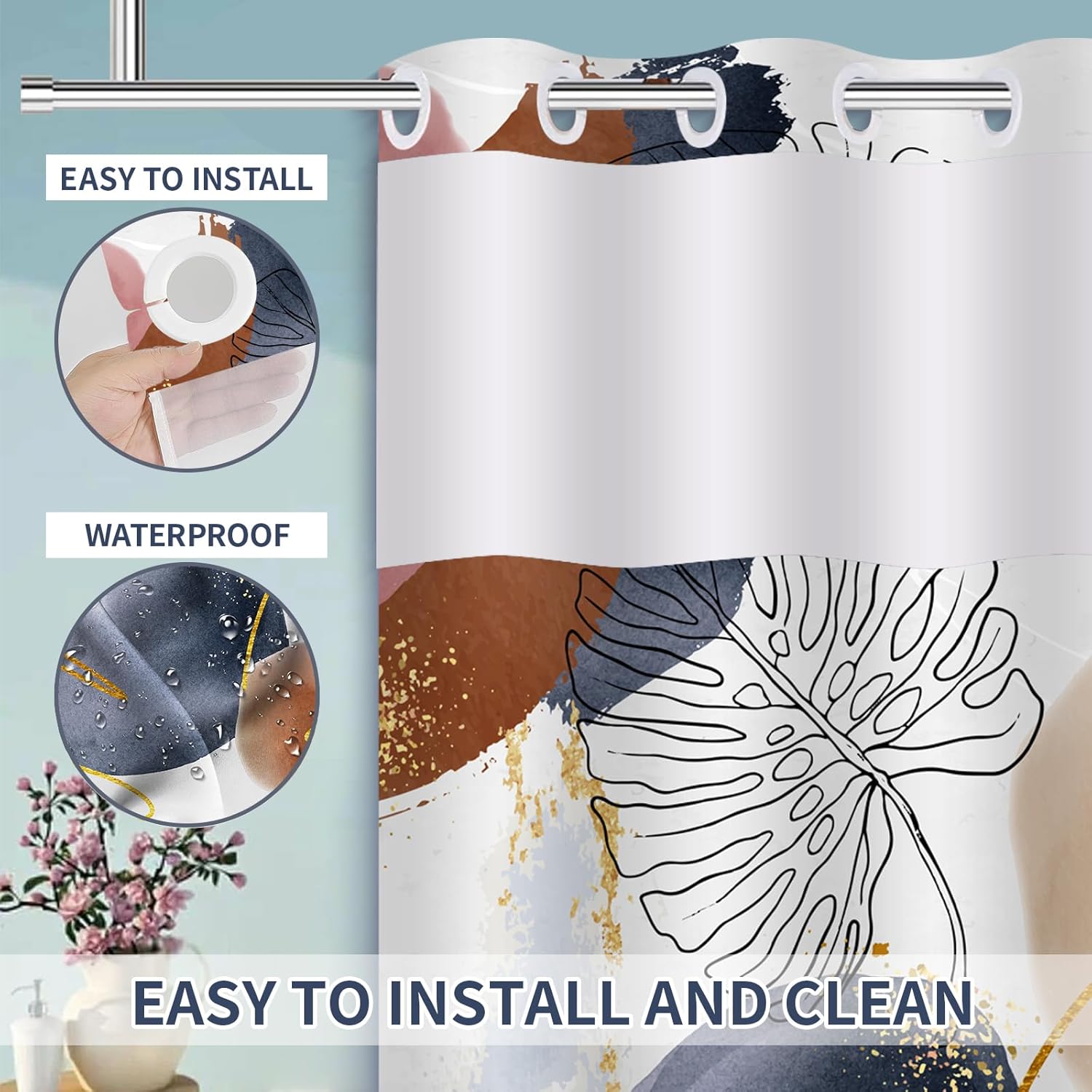 Boho Style Waterproof Shower Curtain with Mesh Top 71x74 In