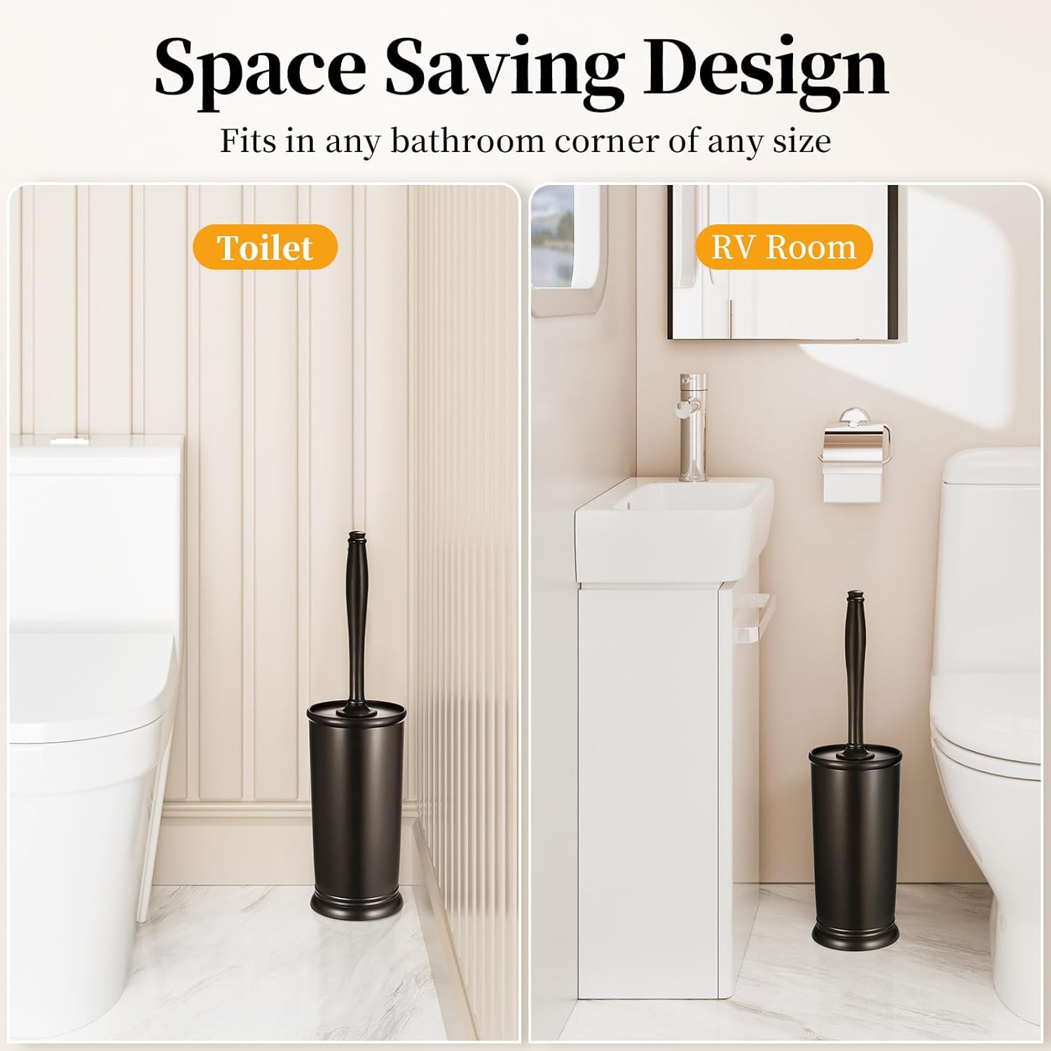 Roleader Toilet Brush Holder Set - 15 Inch Handle with 360 Deep Cleaning