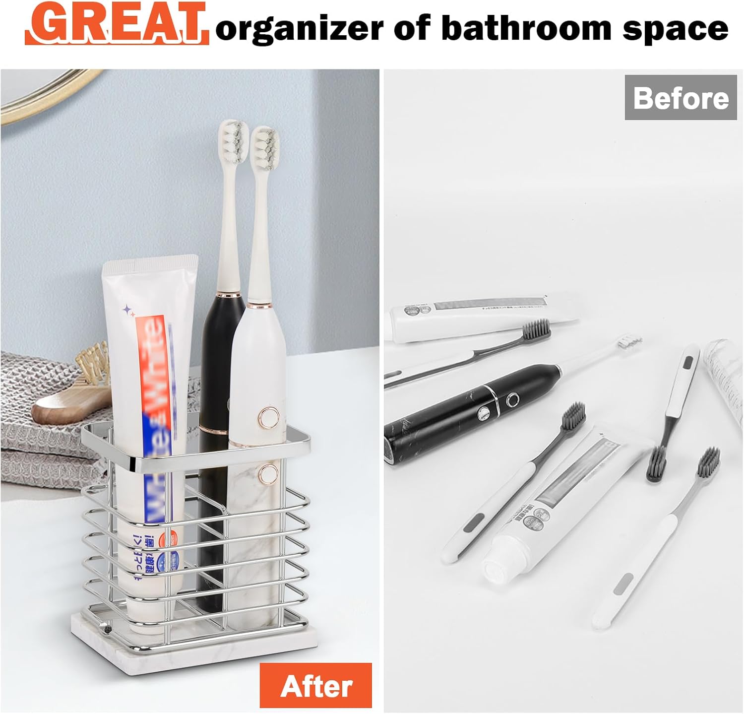 HarJue Toothbrush Holder with Marble Base and Chrome Frame 1