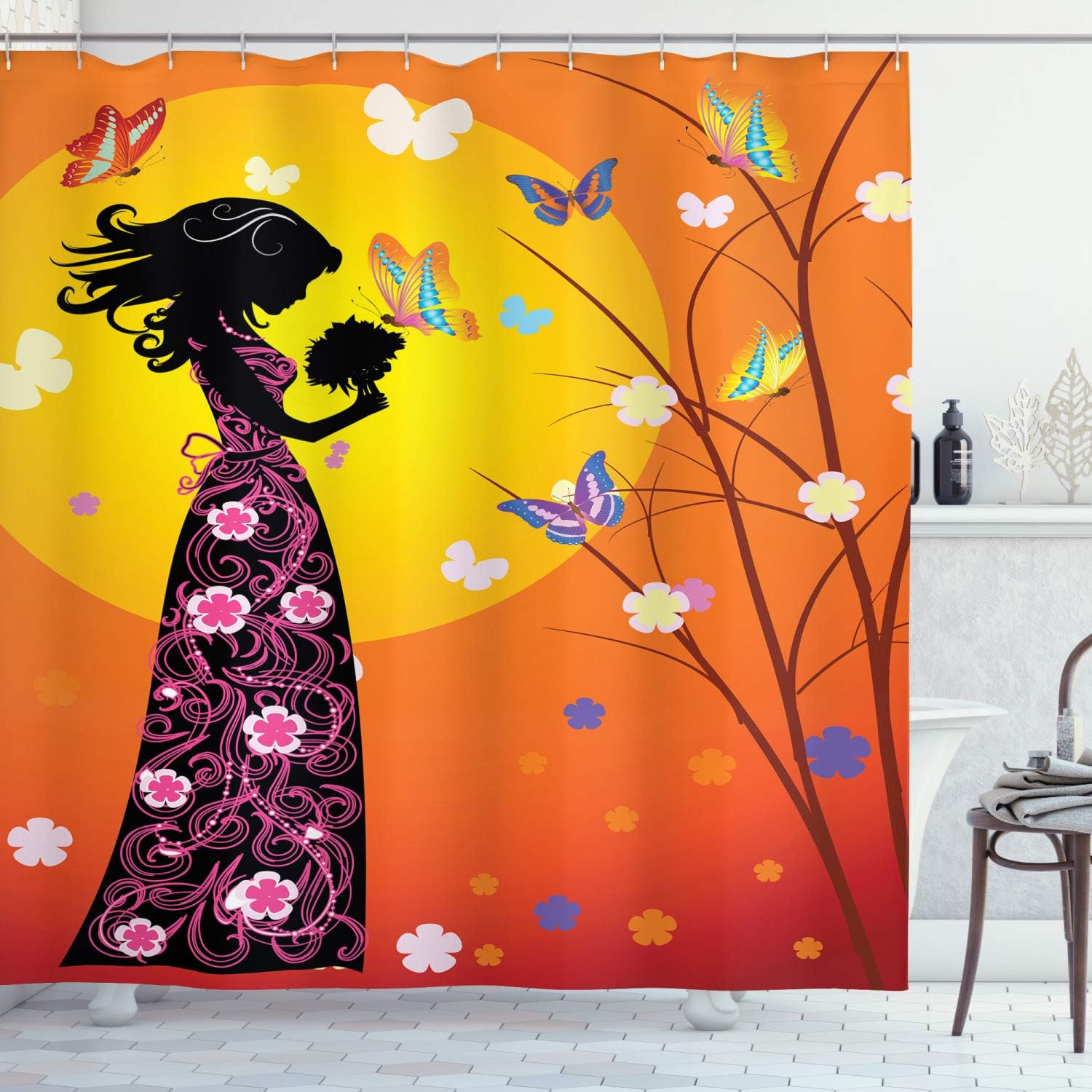 Ambesonne Feminine Flower Butterfly Shower Curtain Set Orange Black