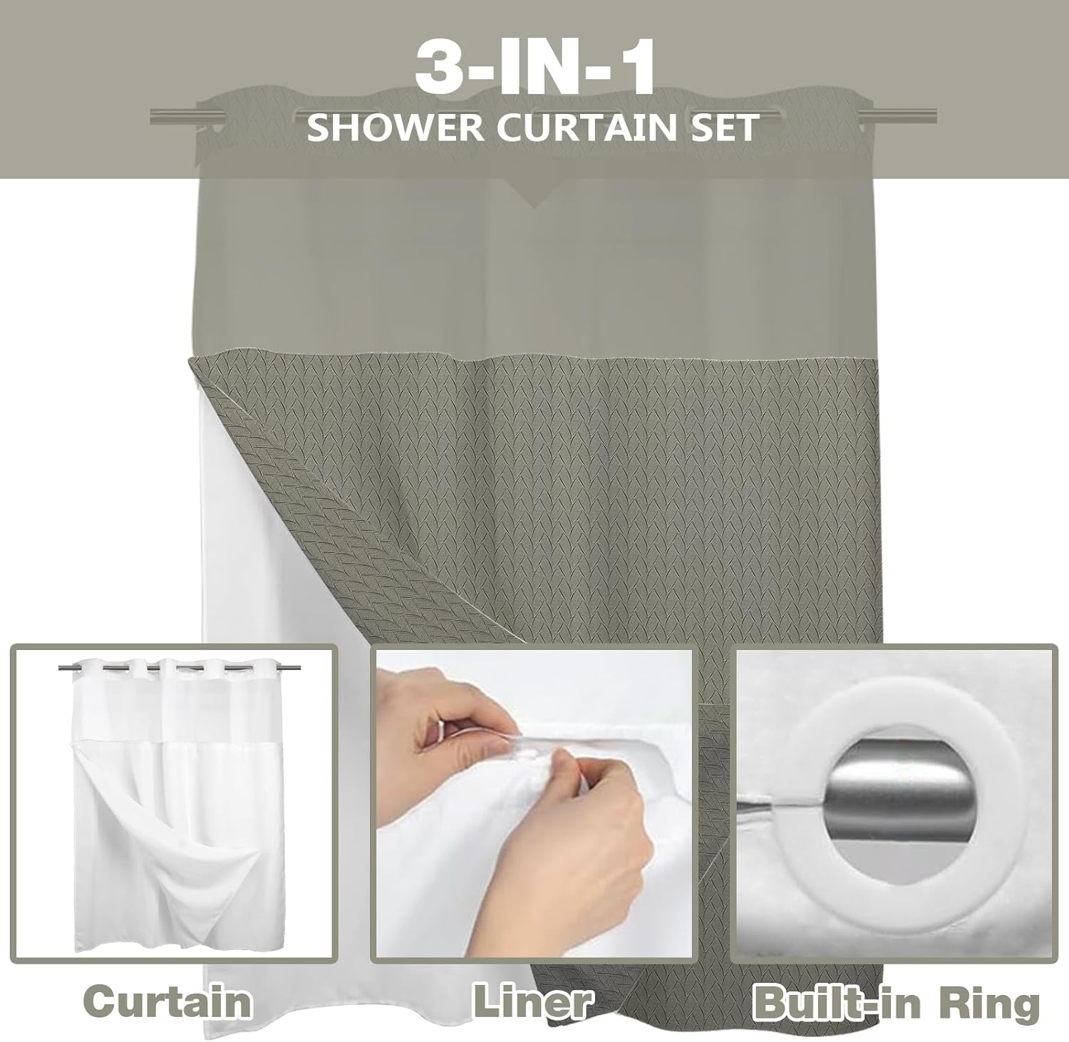 TERSUM No Hook Shower Curtain Set Grey 71x74 Inch