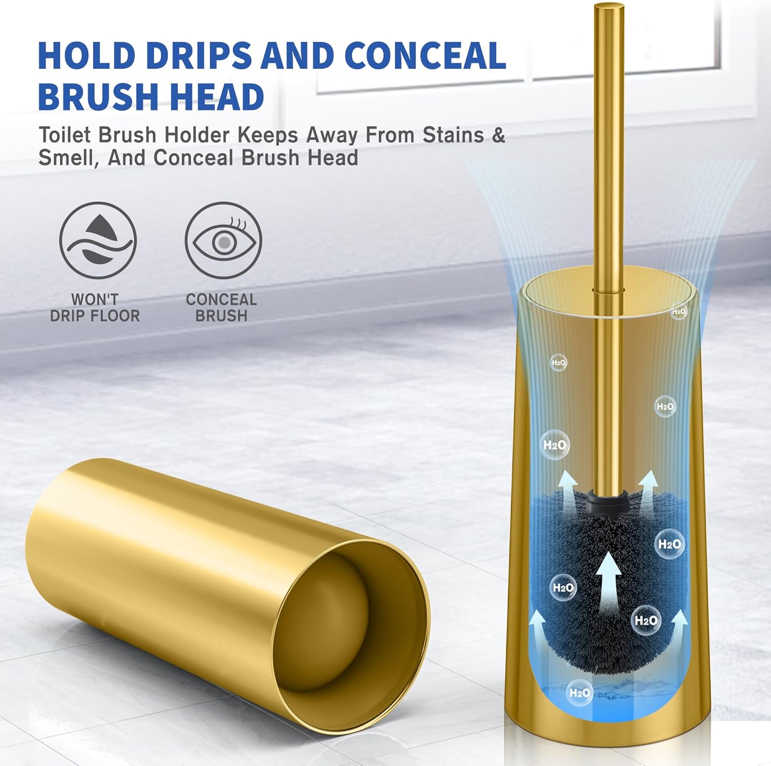 Wsedor Toilet Brush with Stainless Steel Holder - 168 Inch Ergonomic Durable Gold