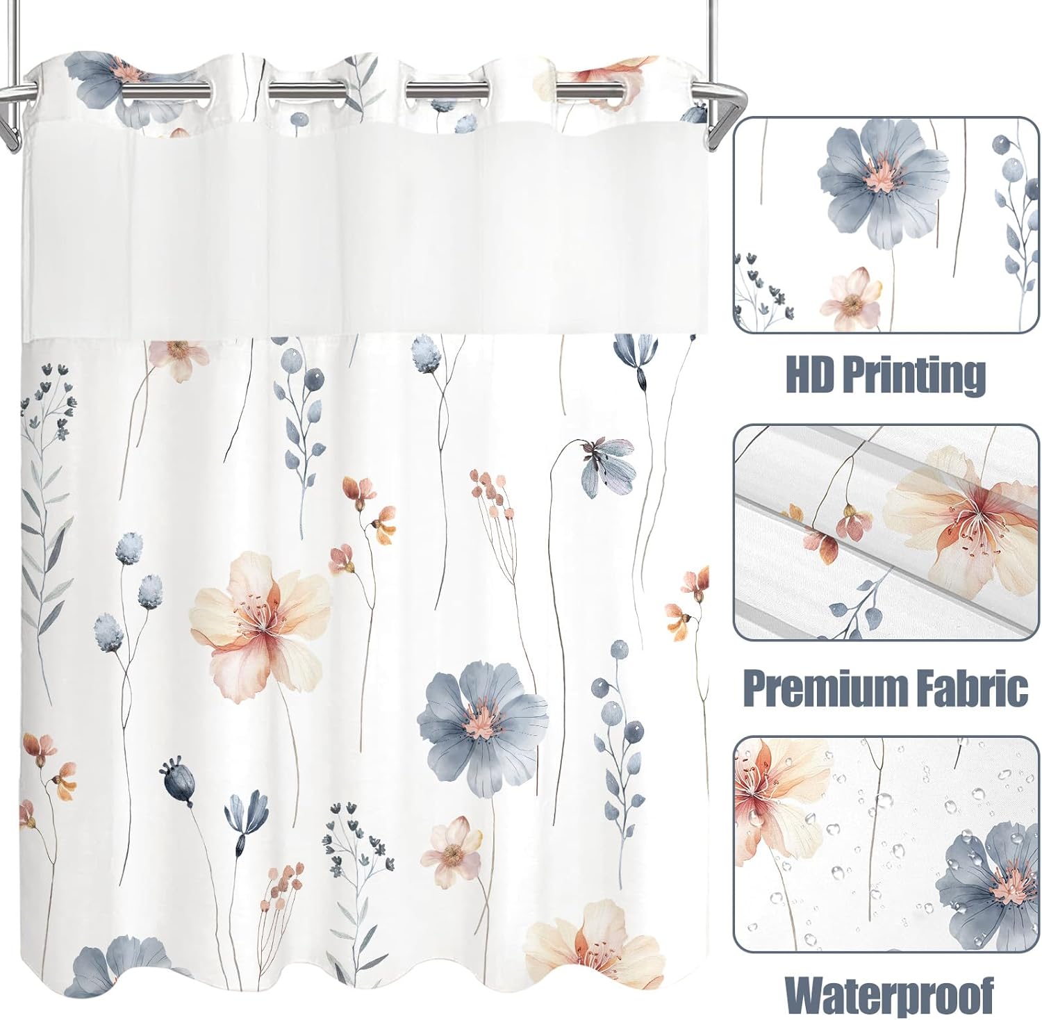 Fungarth No Hook Shower Curtain Set with Floral Design