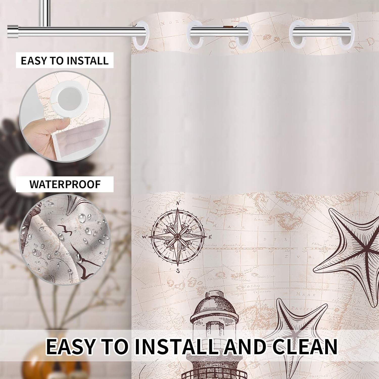 Uhexoyo Ocean Themed Nautical Lighthouse Shower Curtain 71x74in Hookless Double Lining