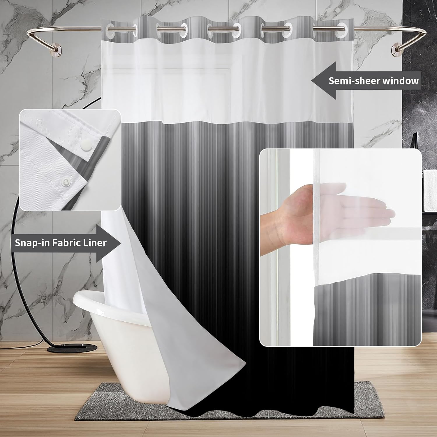 Guassi No Hook Shower Curtain with Snap-in Liner Set