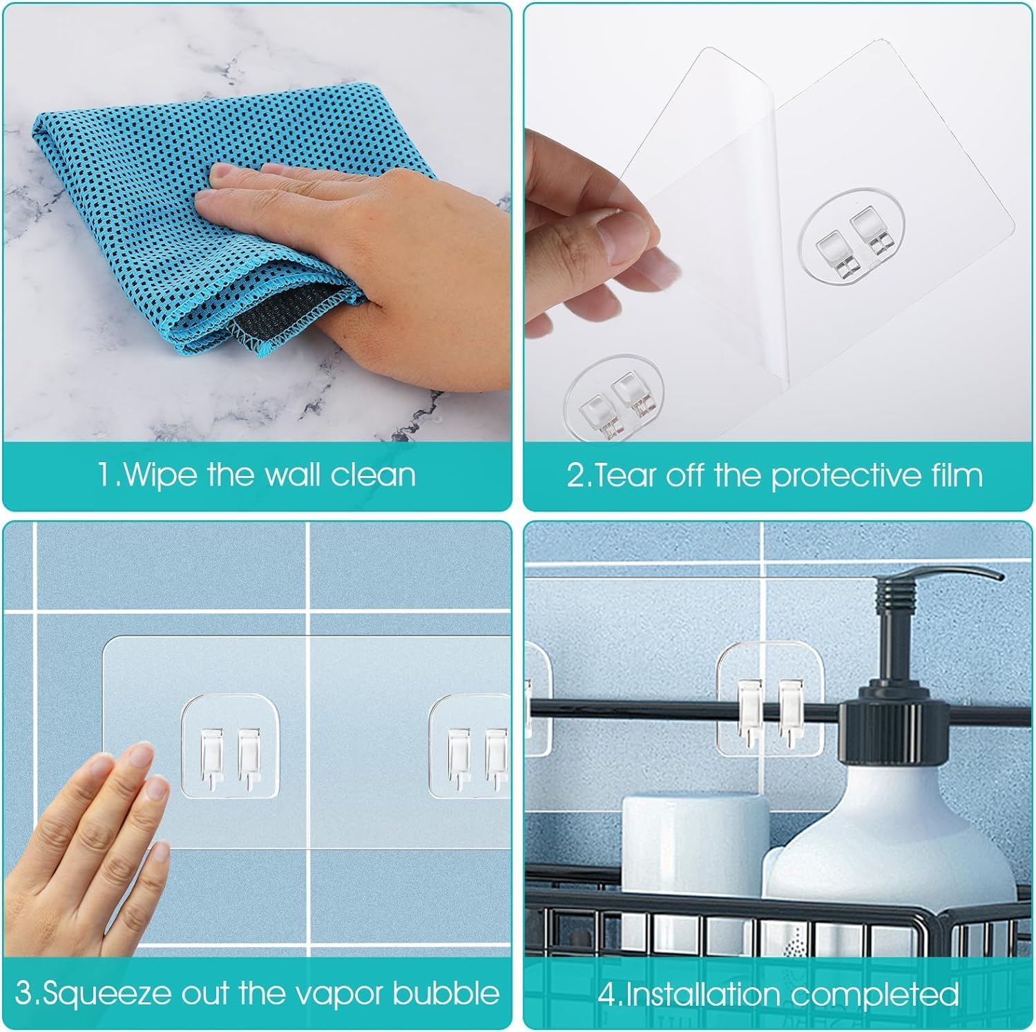 4 Pack Shower Caddy Adhesive Hooks No Drilling Strong Durable
