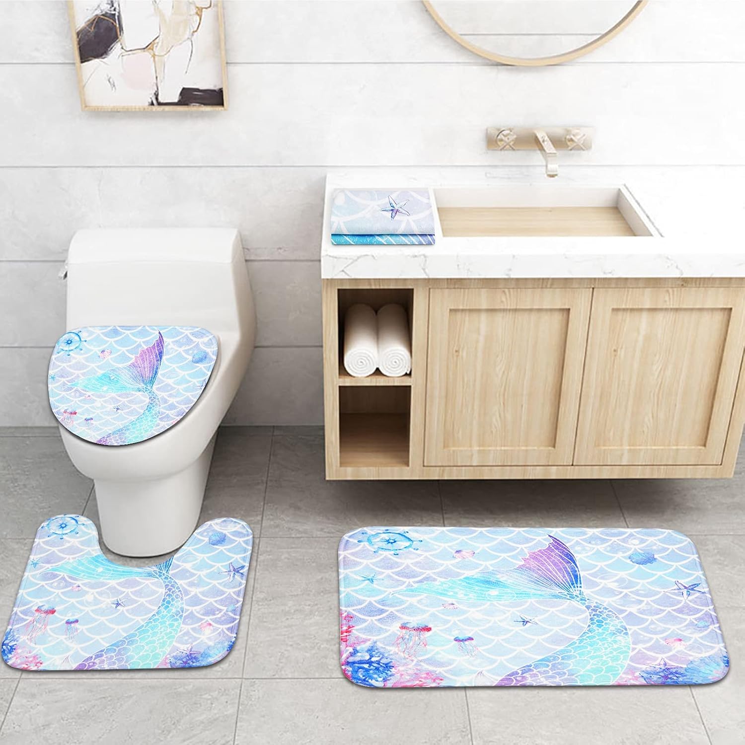 Ikfashoni 7 Piece Mermaid Bath Set with Rugs and Towels Large