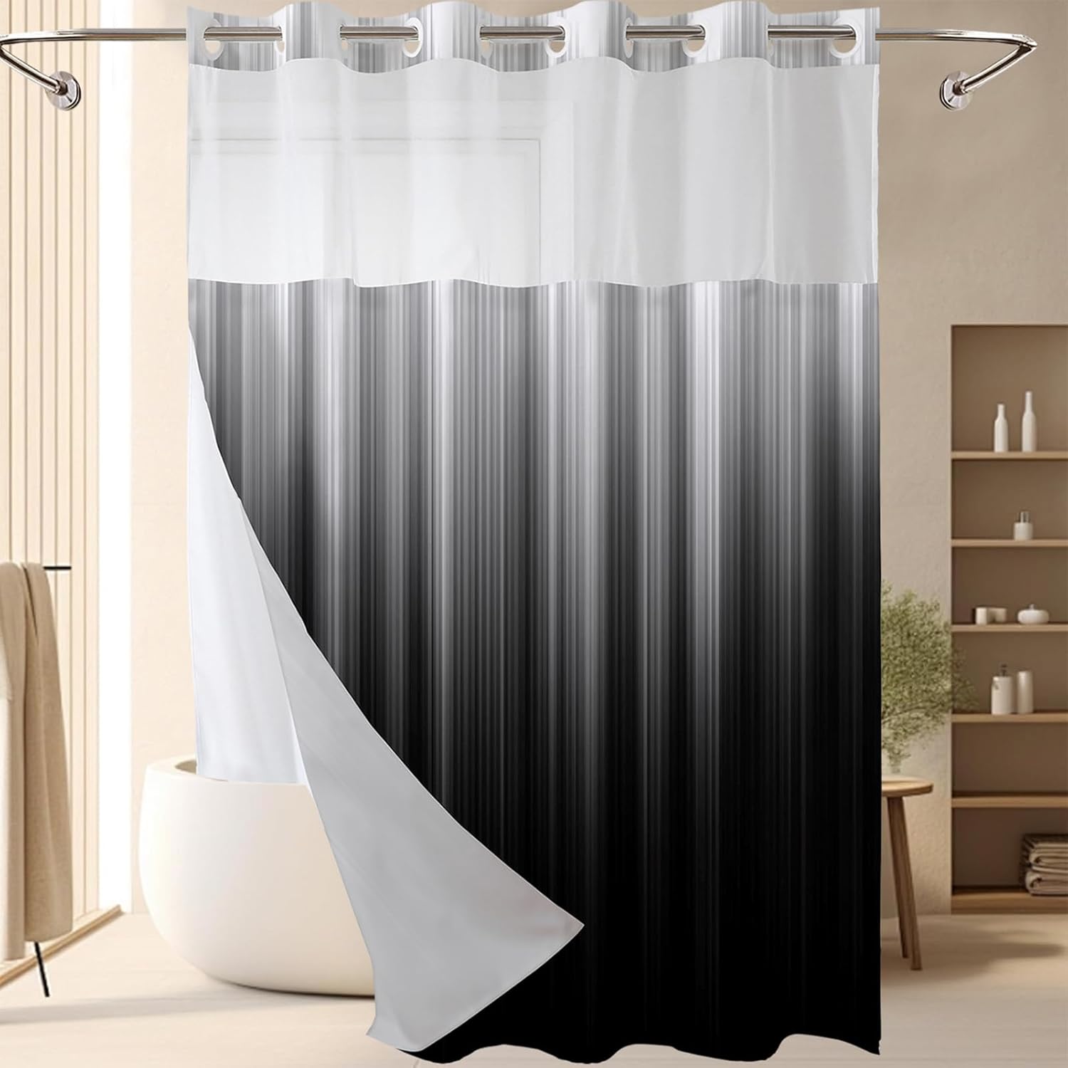 Guassi No Hook Shower Curtain with Snap-in Liner Set