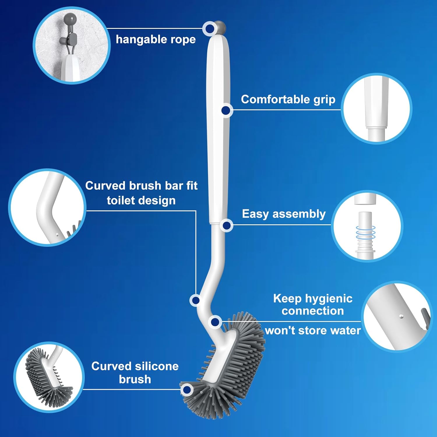HAMITOR Toilet Brush Holder Set with Silicone Head and Curved Bristles - White