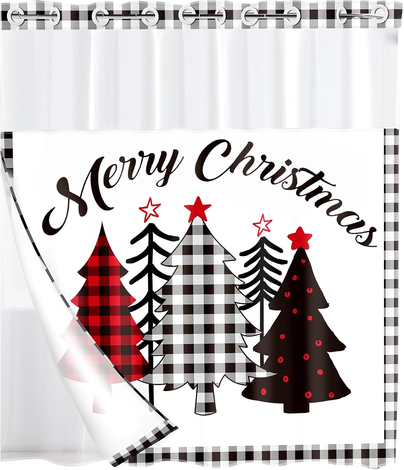 FuWeave No Hook Christmas Shower Curtain with Snap-in Liner