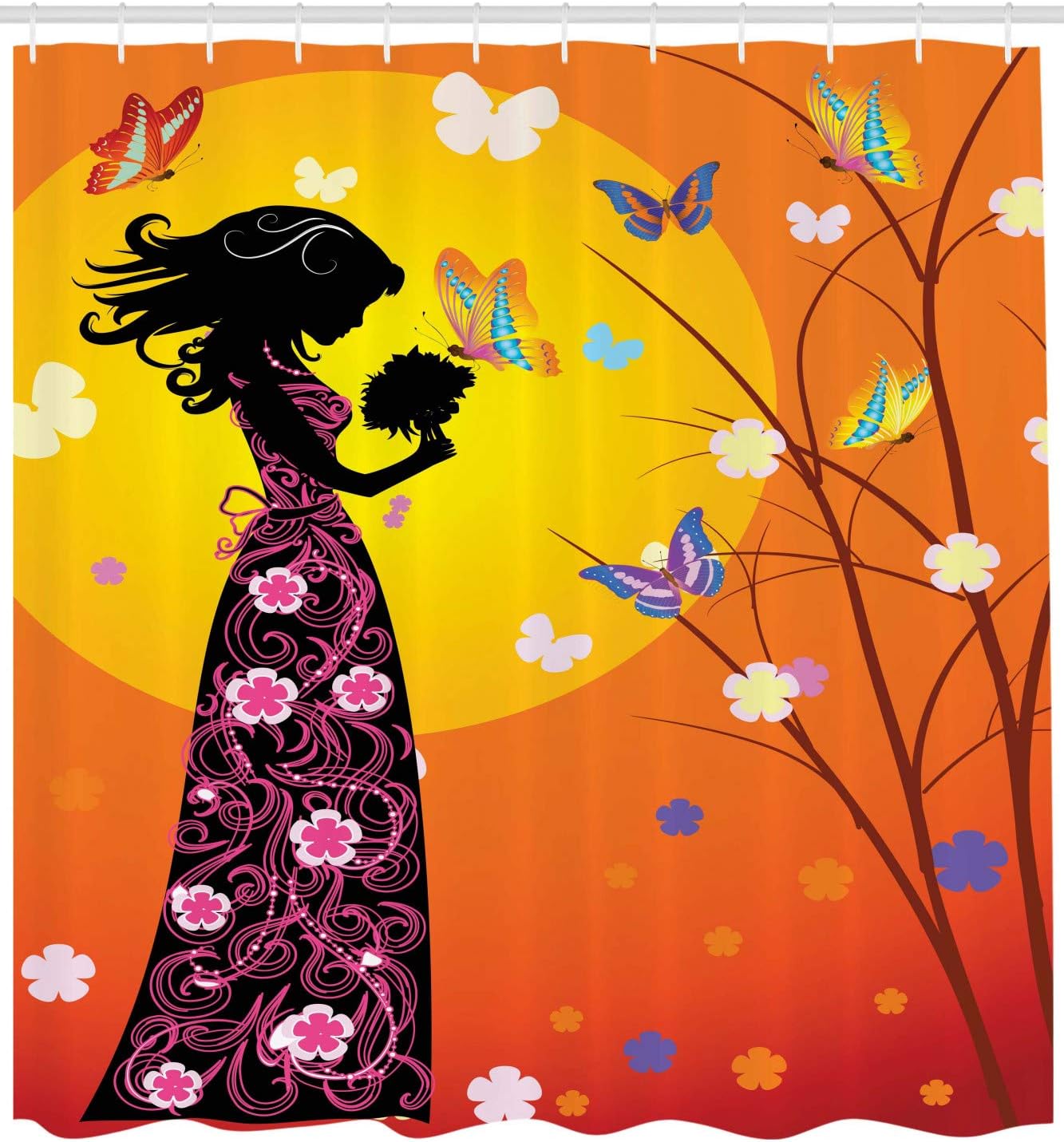 Ambesonne Feminine Flower Butterfly Shower Curtain Set Orange Black