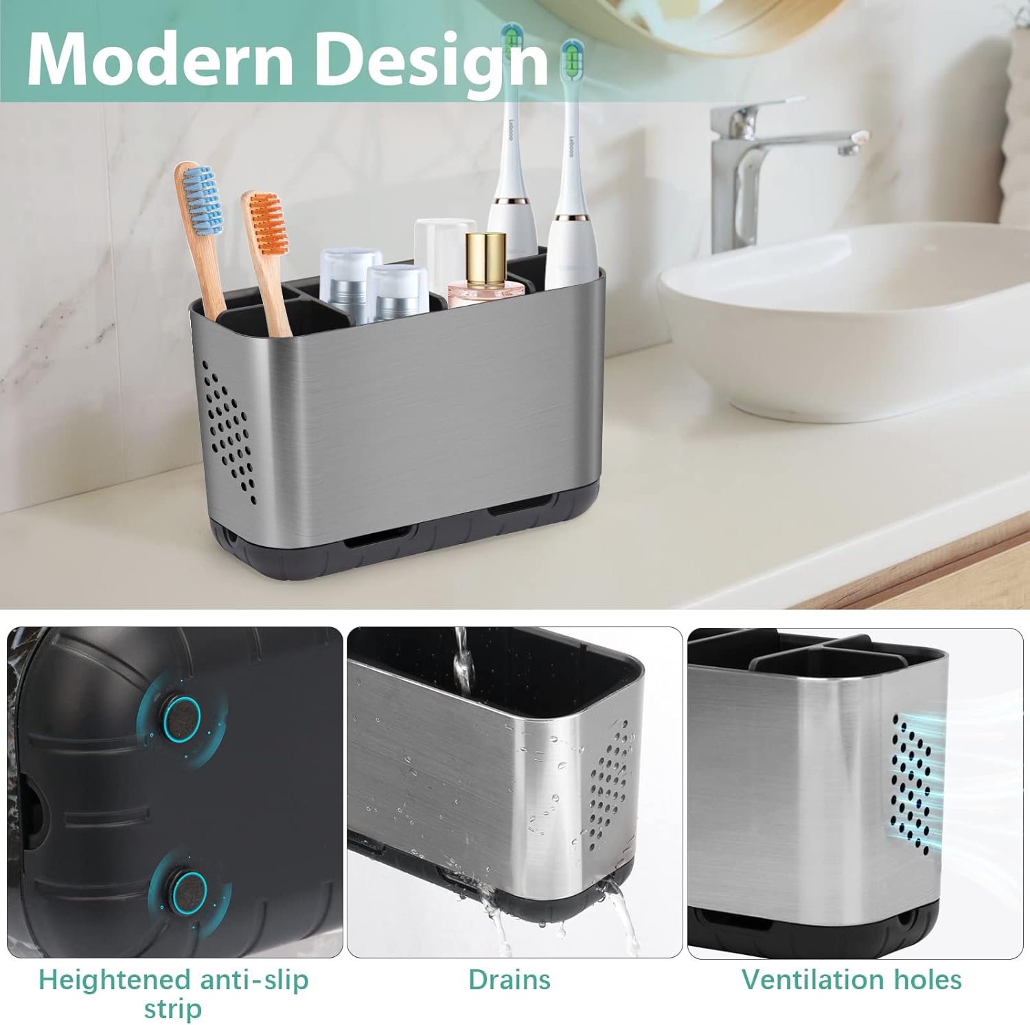 Boperzi Brushed Nickel Toothbrush Holder with Drain
