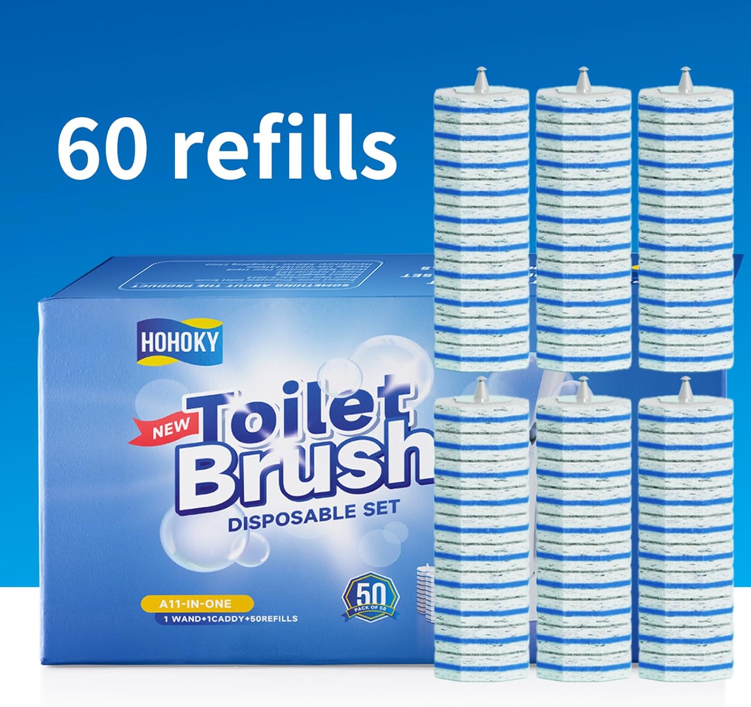 Hohoky 60pc Toilet Brush Refills 6 Groups of 10 Compatible with All Systems