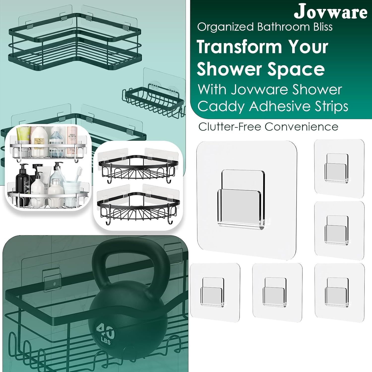 Jovware Adhesive Shower Caddy Hooks - 6 Pack Strong Transparent Flat Hooks