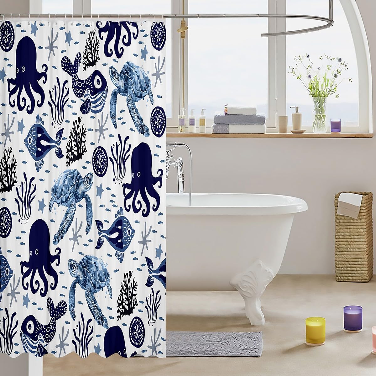 Feelyou Sea Turtle Bath Curtain Set Blue White