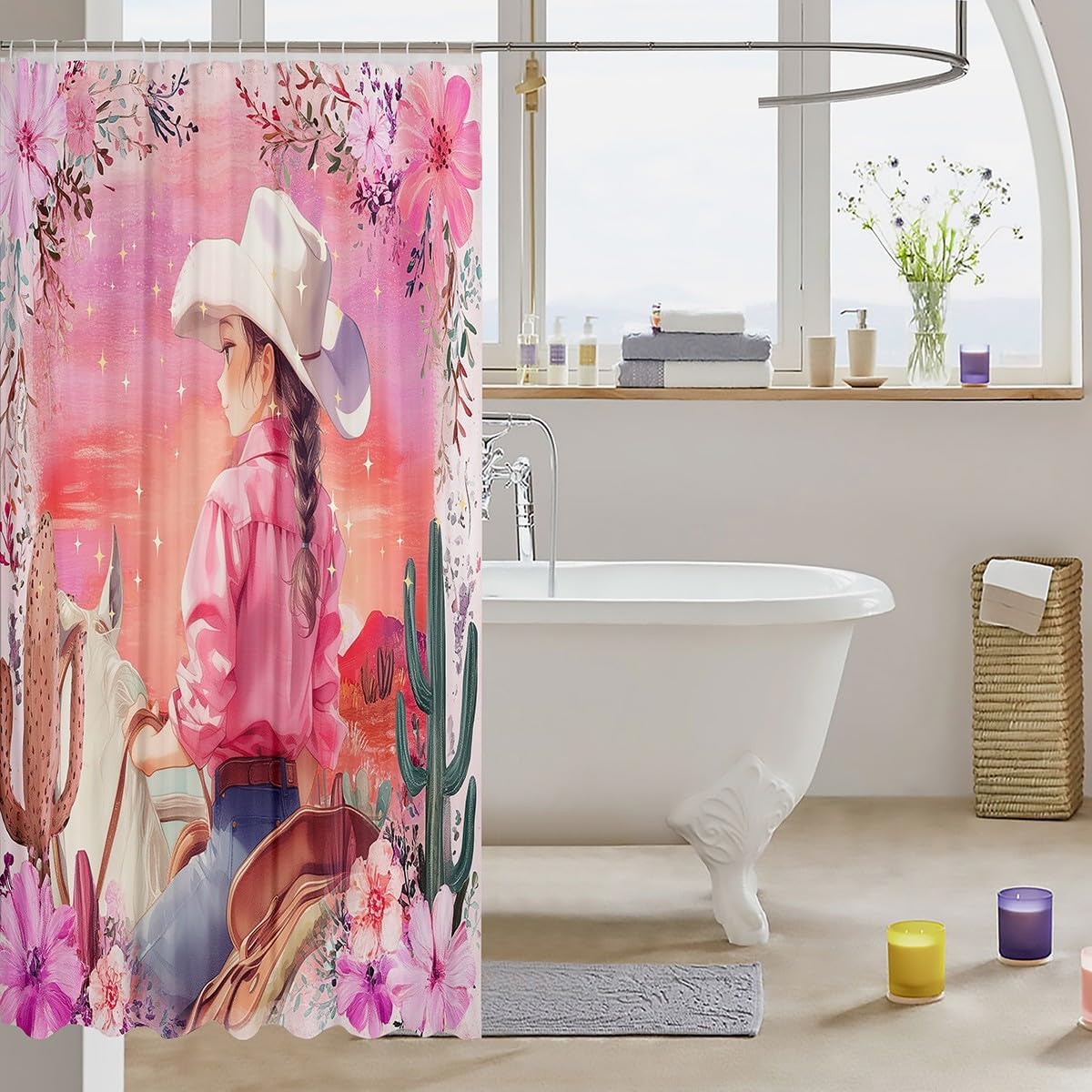 Feelyou Kids Cartoon Cowgirl Cowboy Shower Curtain Set 72x72