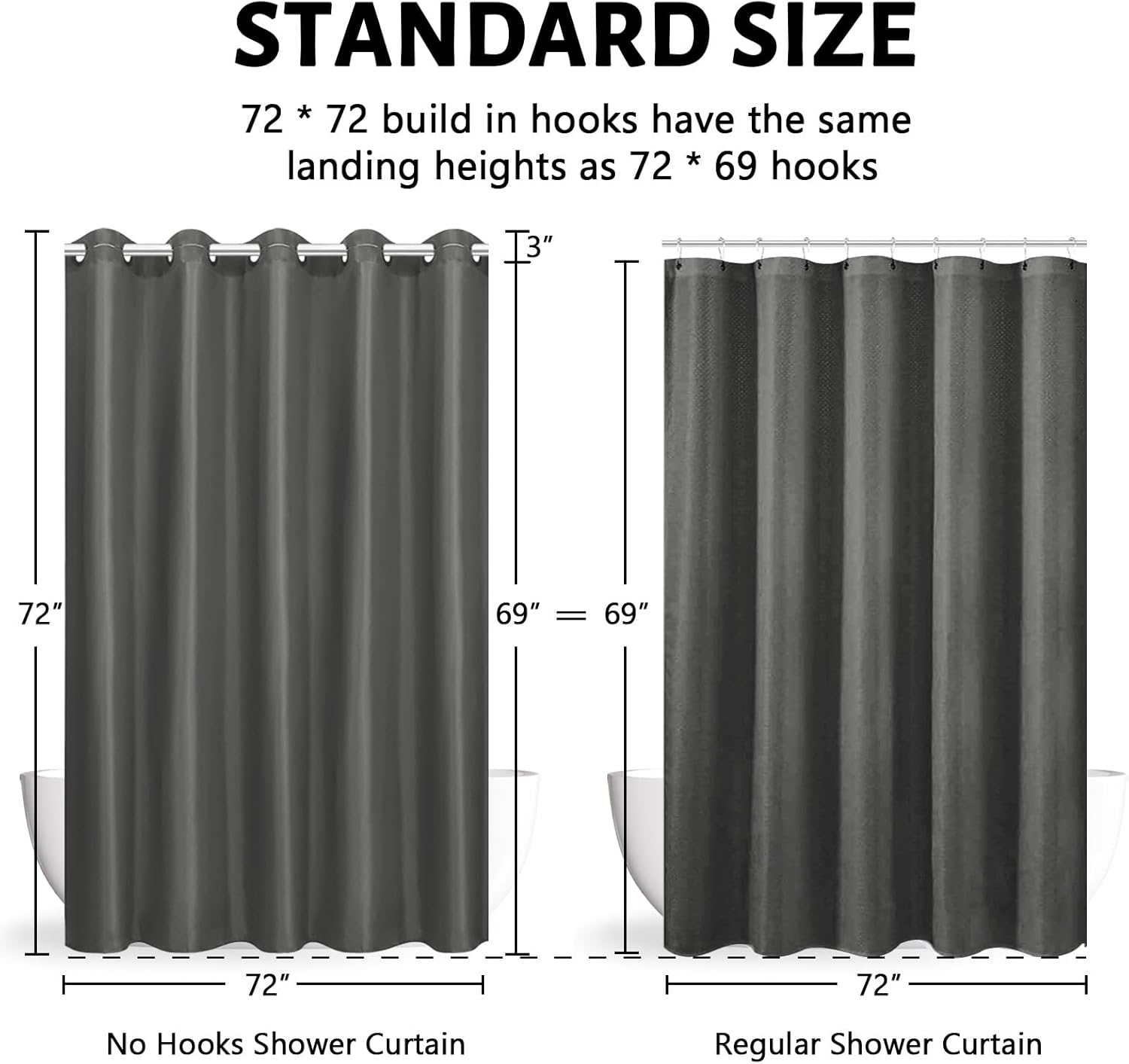 Furlinic No Hook Shower Curtain Dark Grey 72x72 Inch