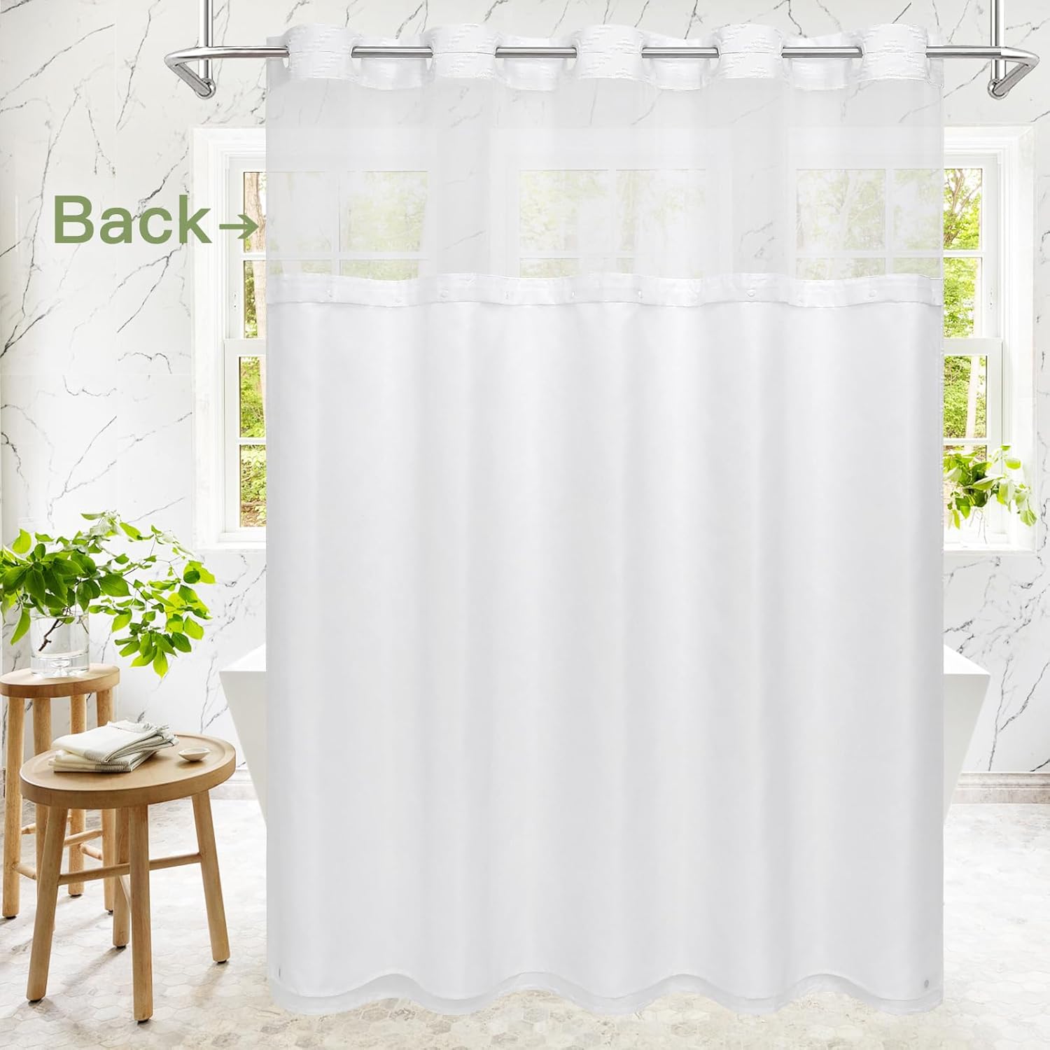 White Small Stall Boho Shower Curtain with Snap-in Liner 36x74