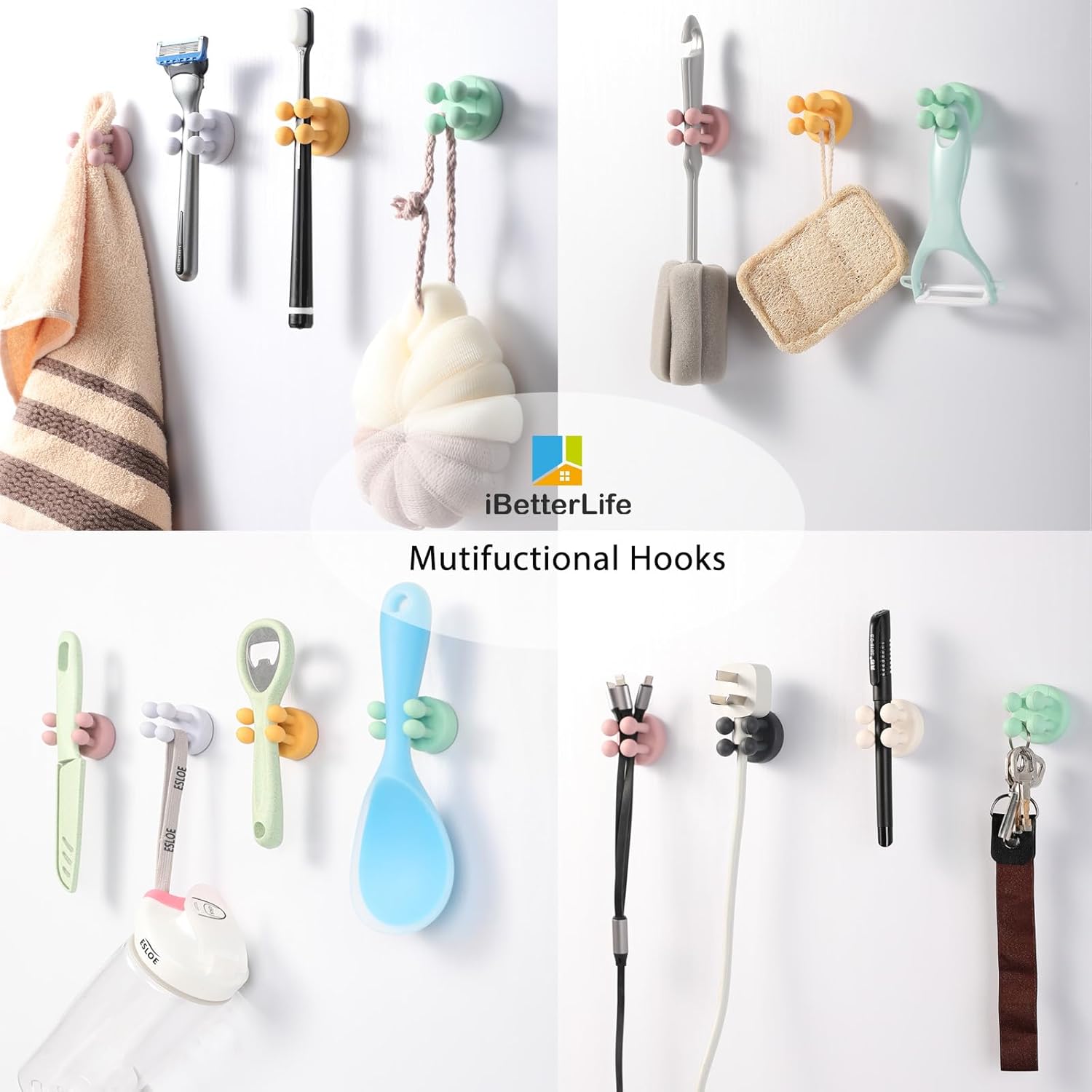iBetterLife 6Pcs Toothbrush Holder - Silicone Wall Mounted Hook for Bathroom