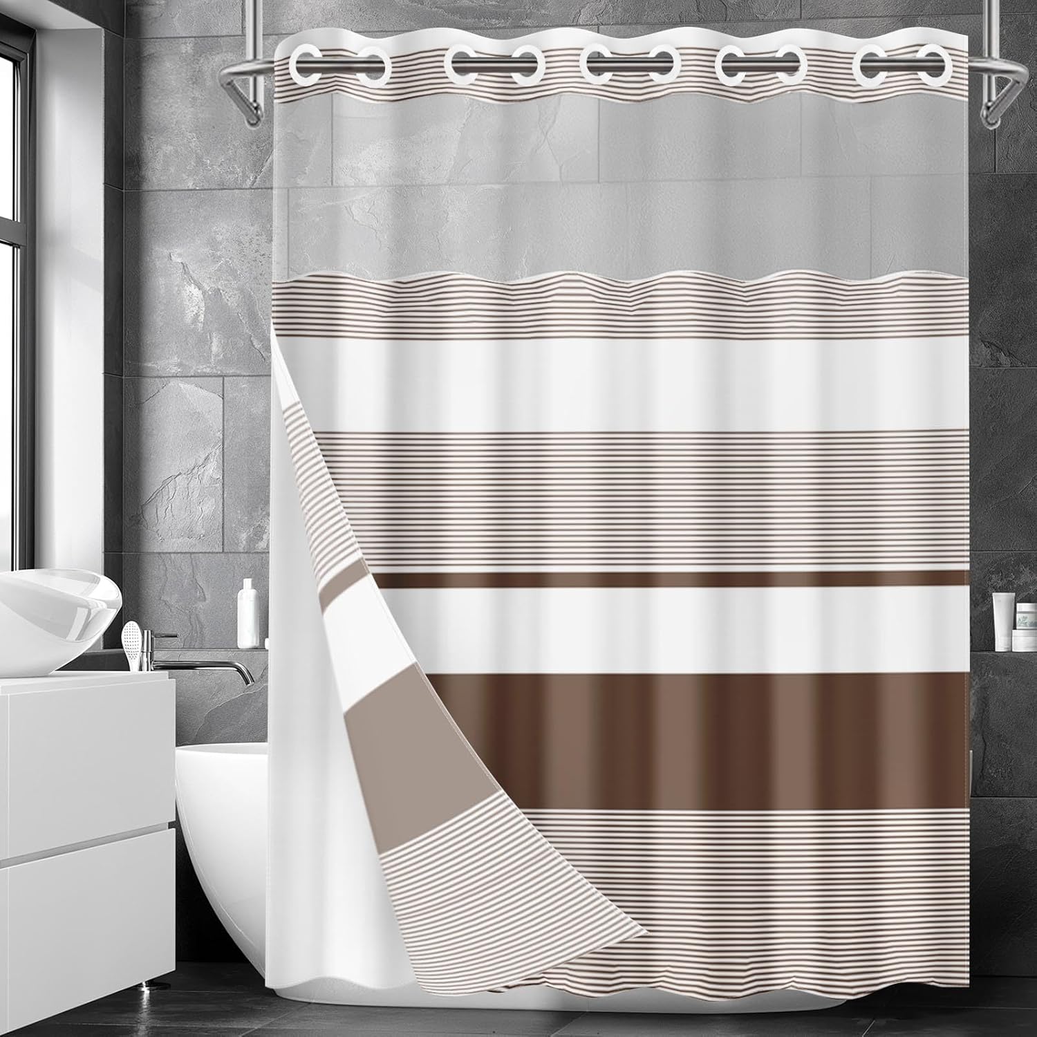 Nesphy Boho Striped Double Layer Shower Curtain Set