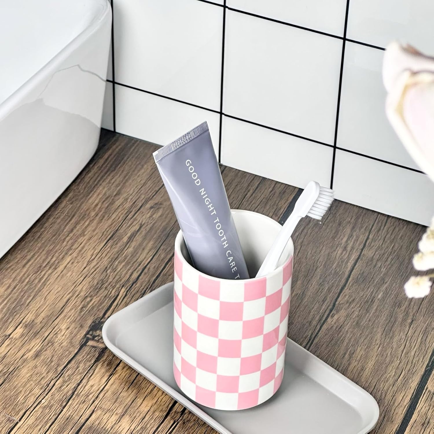 Pink Checkered Ceramic Toothbrush Holder Modern Bathroom Decor