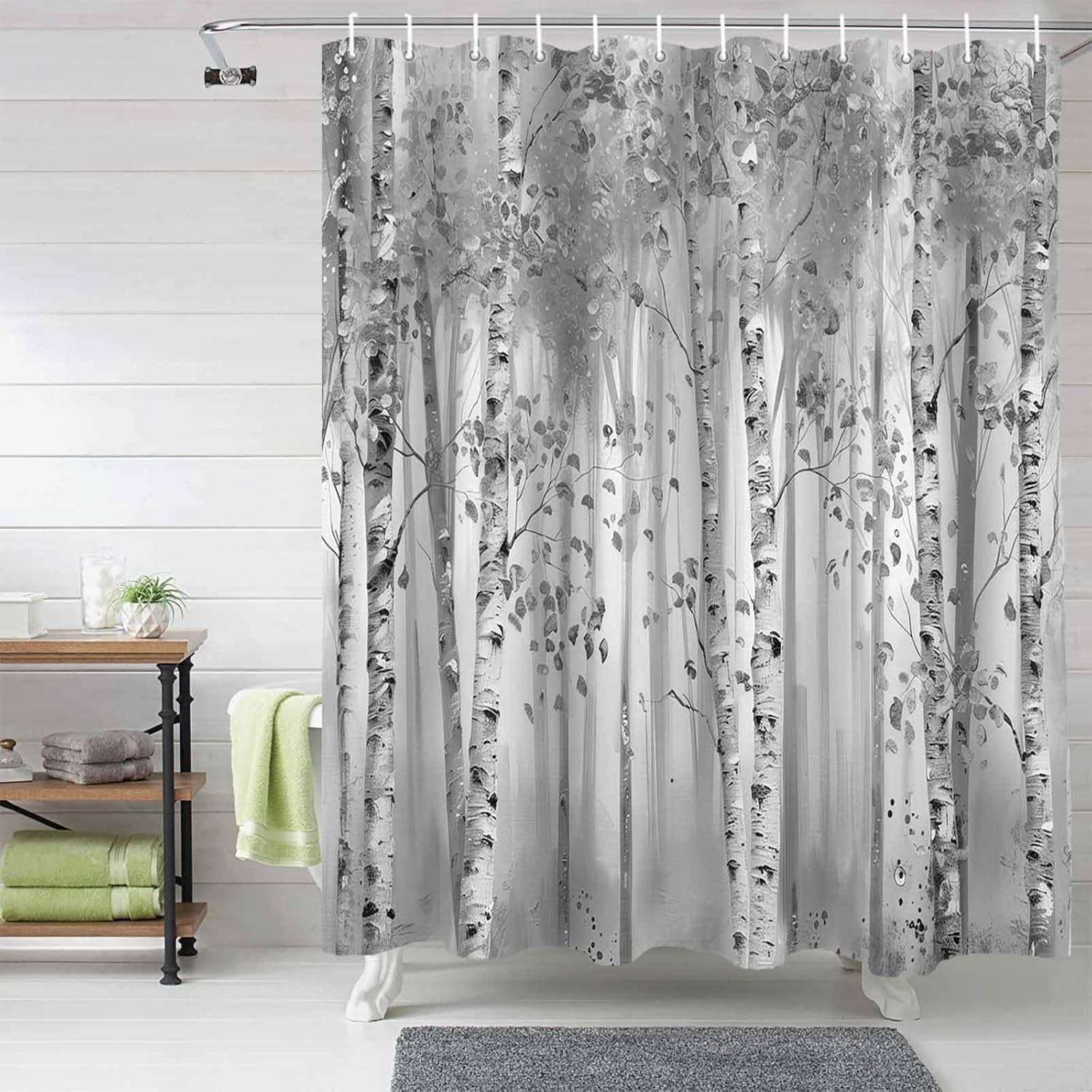 72 Inches Gray Leaf Art Shower Curtain Set with 12 Hooks