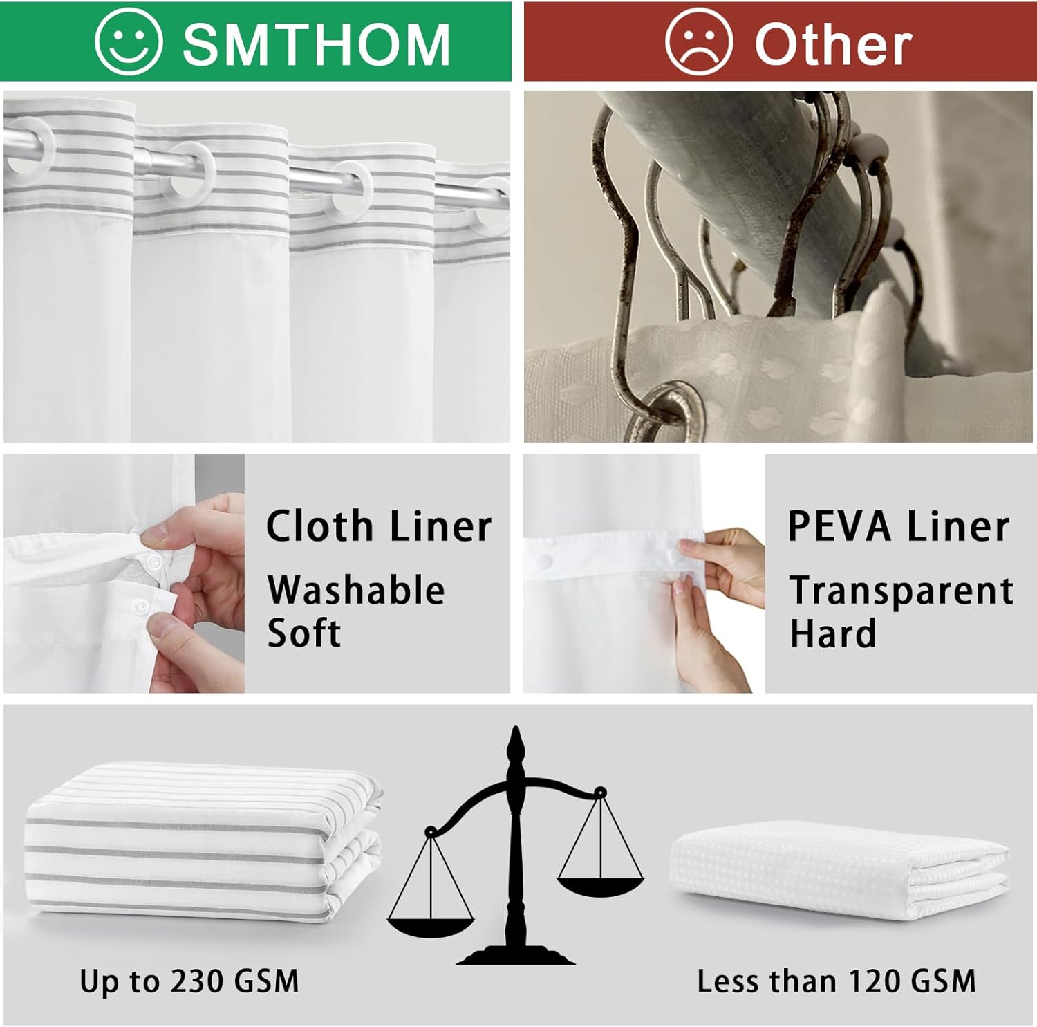 SMTHOM No Hook Shower Curtain Set Gray Boho Striped