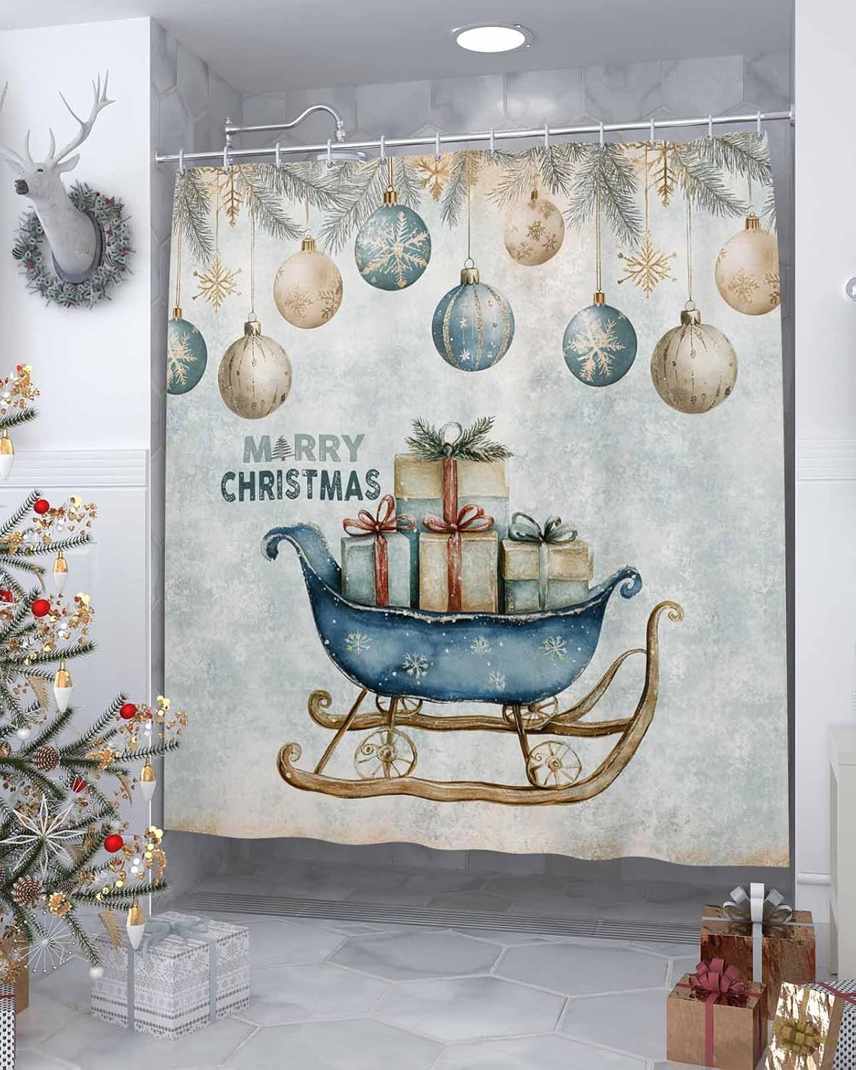 72 Inches Christmas Shower Curtain Set with 12 Hooks 1