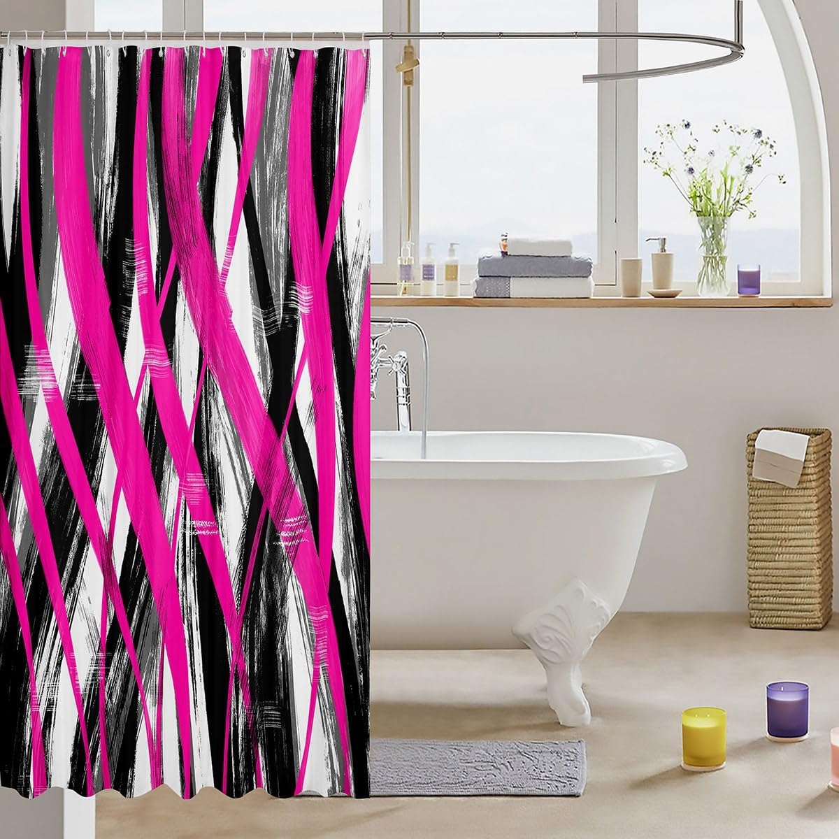 Feelyou 72x72 Hot Pink Black Stripes Shower Curtain Set