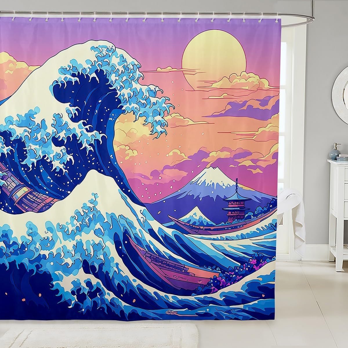 Feelyou Japanese Wave Bath Curtain Set 72x72 Waterproof