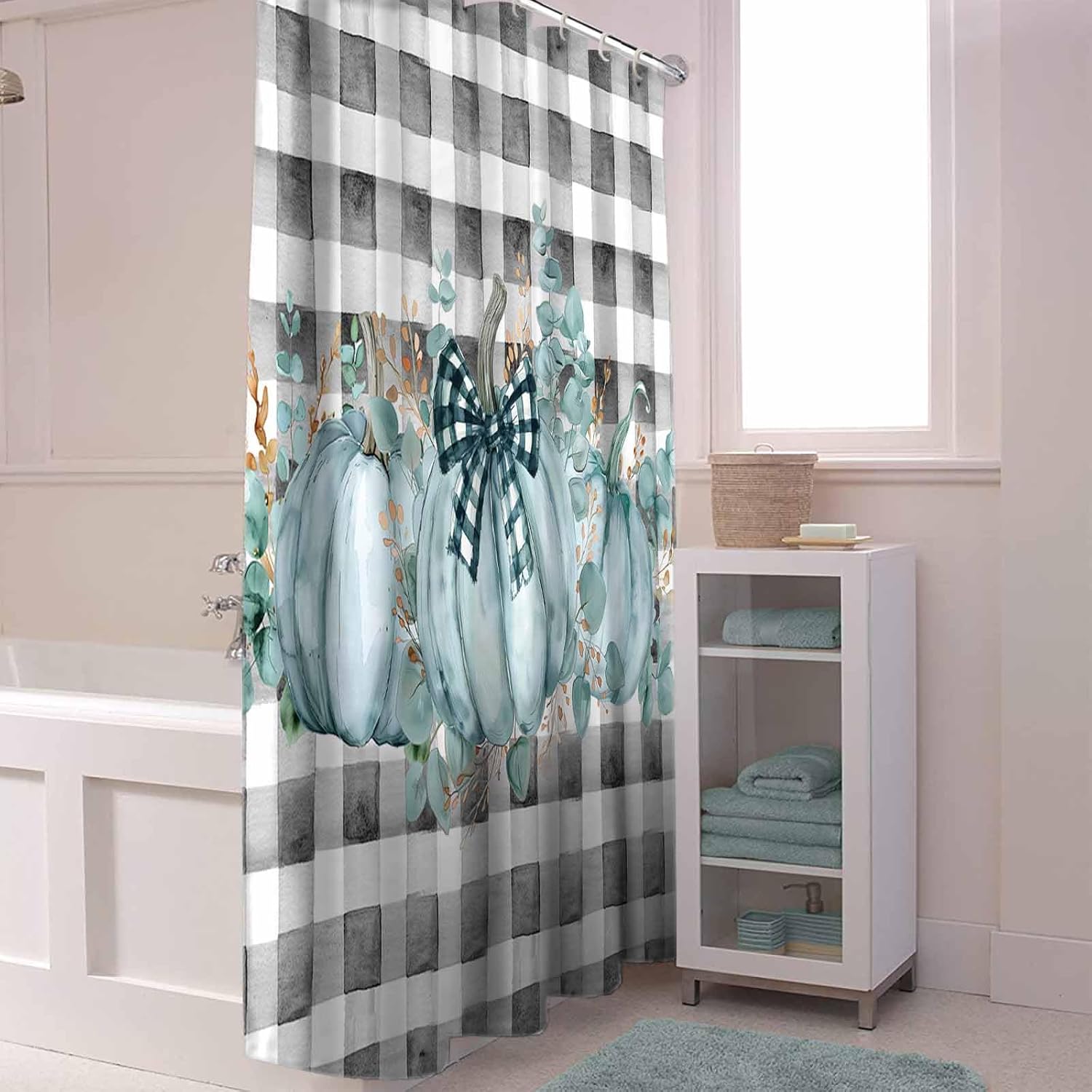 Funnywall88 72 Inches Green Bow Pumpkin Plaid Shower Curtain Set with 12 Hooks