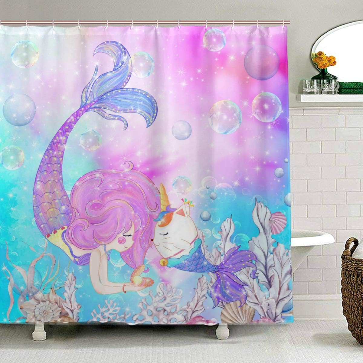 ZOEO Girls Mermaid Shower Curtain with Unicorn Cat Design