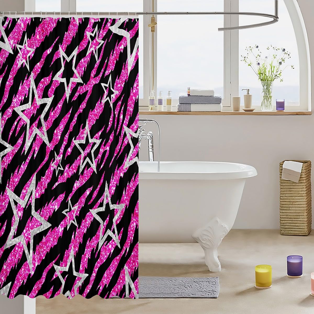 Feelyou Kids Pink Gitter Zebra Shower Curtain Set