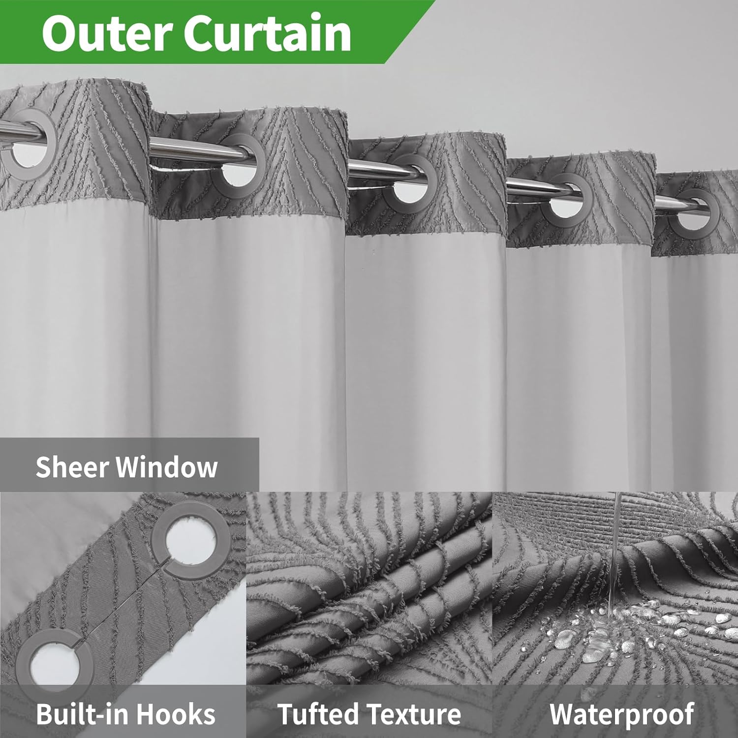No Hook Boho Shower Curtain Set with Tufted Stripes and Waterproof Liner